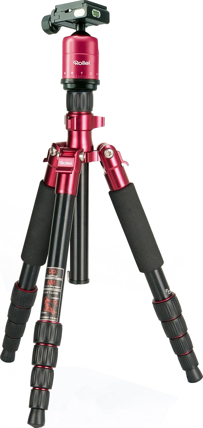Rollei Compact Traveler No I Aluminum - for Travelling, Compact in Size, incl. Ball Head and Quick Release Plate - Arca Swiss Compatible - Red