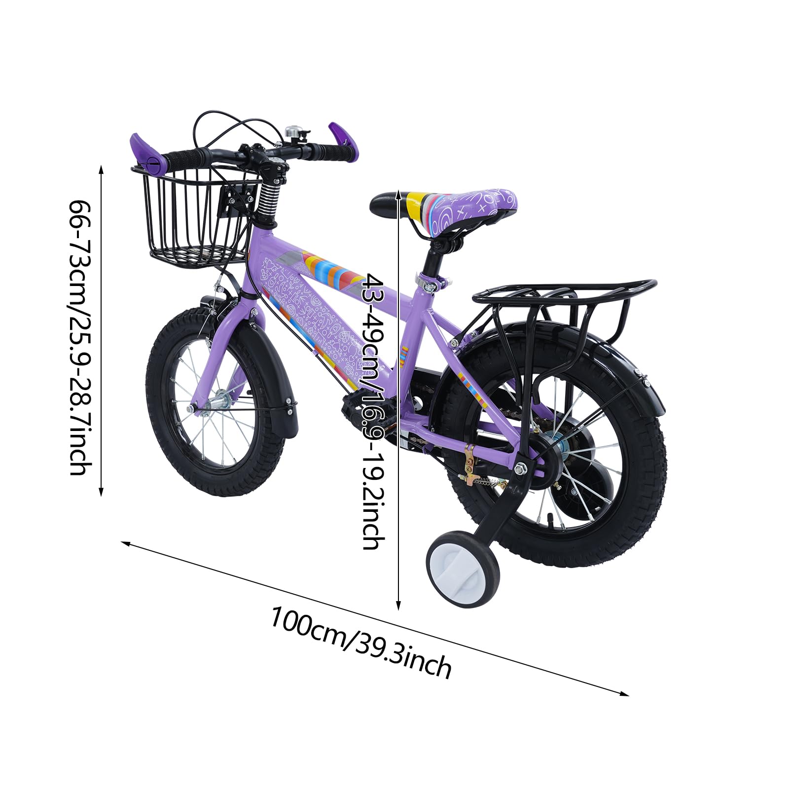 Vélo pour enfant de 14 pouces avec siège arrière, vélo pour enfants avec panier et roues stabilisatrices, vélo pour enfants à partir de 3 ans, garçons et filles, hauteur réglable