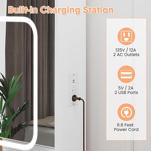 Miniatura 5 de GarveeLife Vanity Desk with Sliding Mirror & LED Lights, Makeup Dressing Table with 4 Drawers, Storage Shelves, Power Outlet & Stool, 3-Color