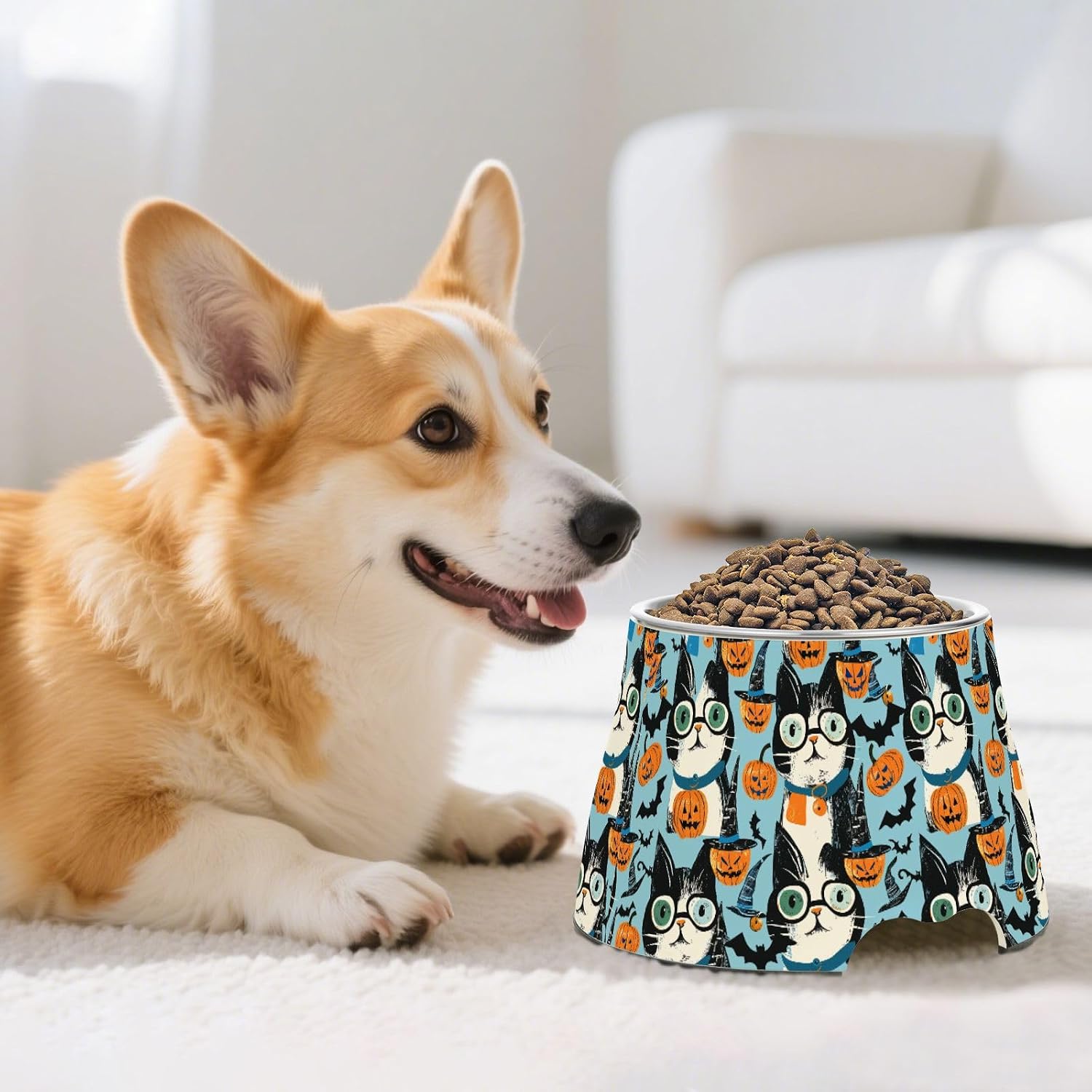 Halloween Cute Cat Glass Raised Pets Water Bowl Non Skid Stainless Steel Pets Basic Bowls for Loving Pet Comfort Feeding