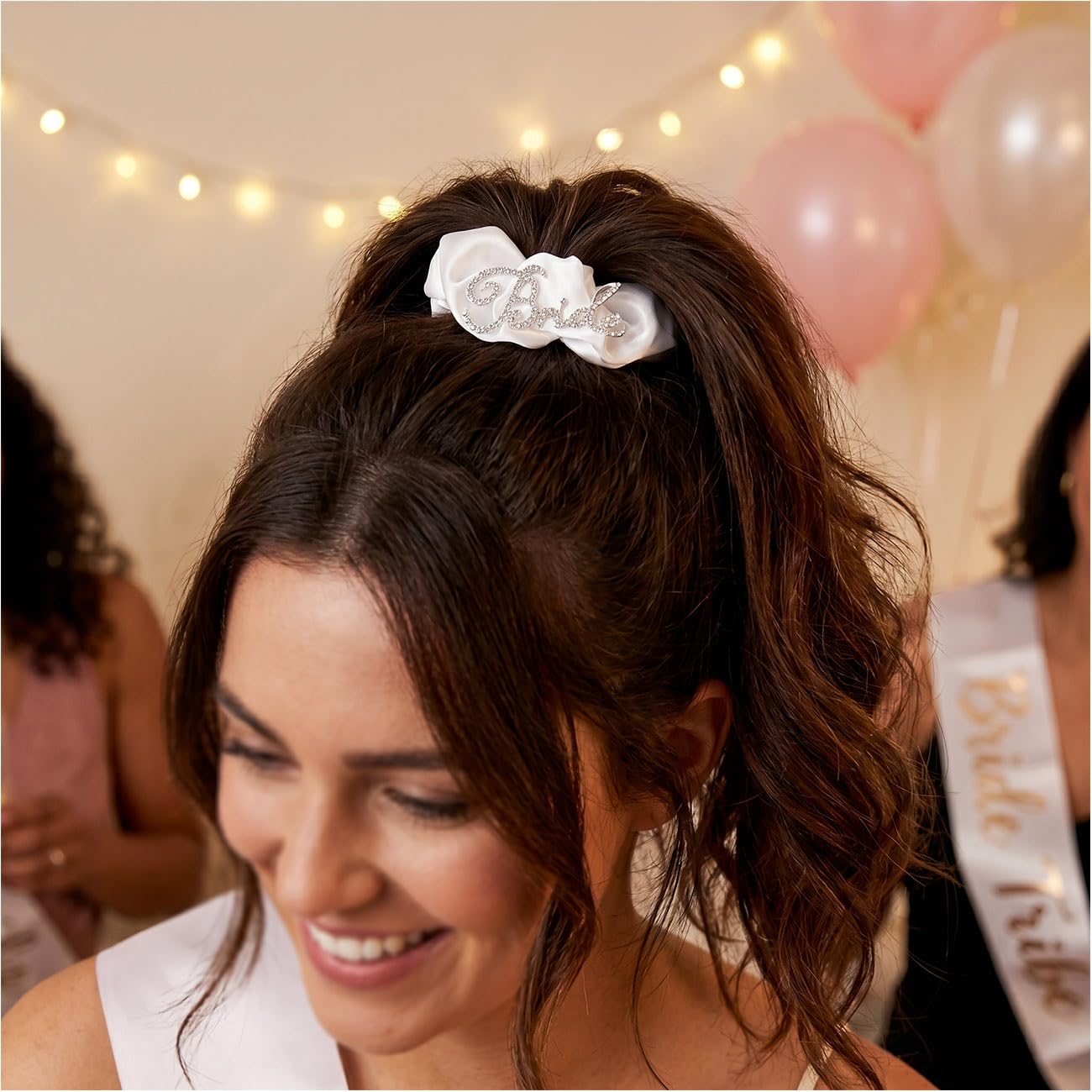 Bride Rhinestone Scrunchie Bachelorette Party Decorations Bride to Be Silk Hair Tie for Bachelorette Party Bridal Shower Headwear Wedding Engagement Bridesmaid Gift, white