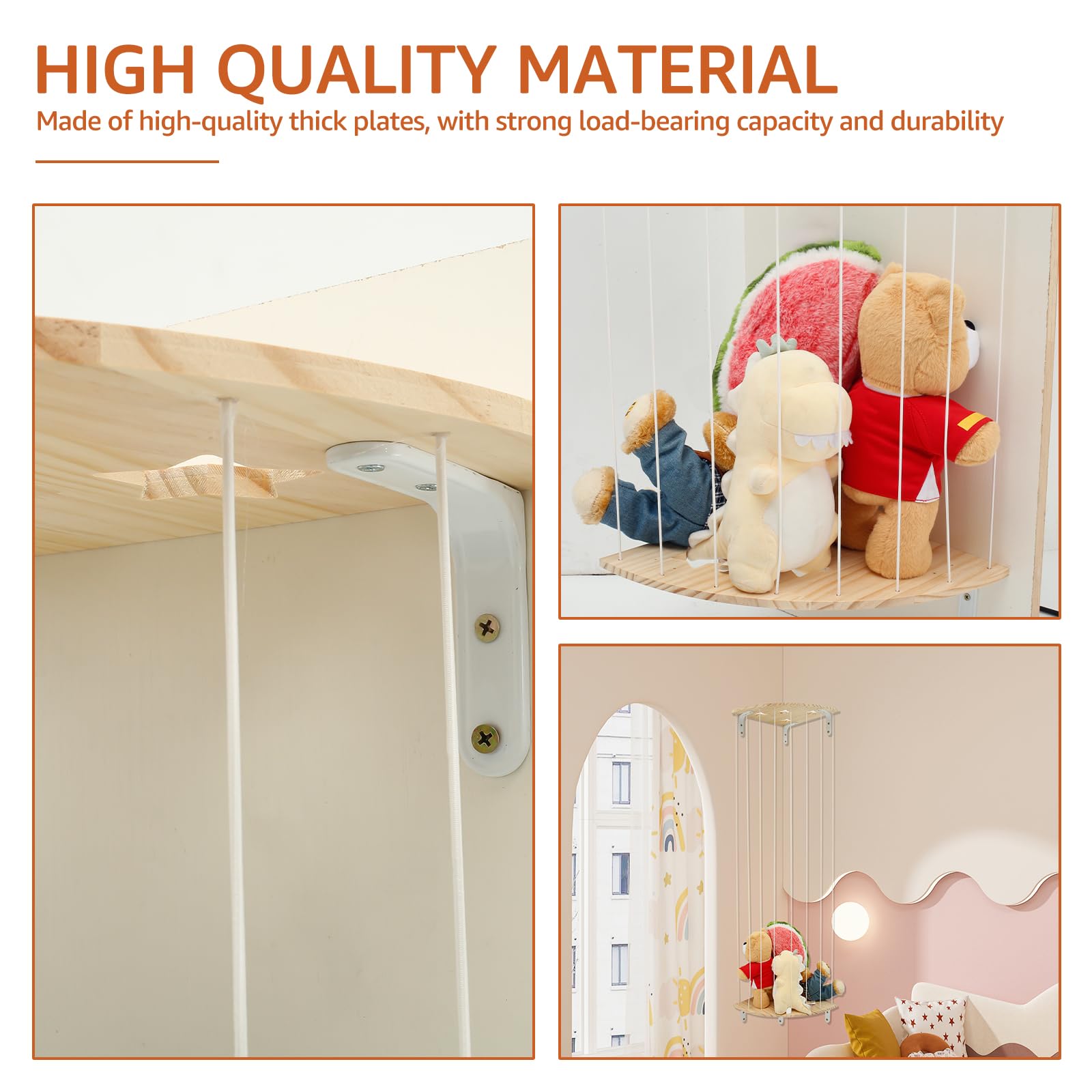 Organizer Angolare Per Peluche In Legno Di Pino – Scaffale Sospeso Regolabile Da 112 A 180 Cm – Capacità 97 Litri – Per Cameretta, Sala Giochi – 32x32 Cm