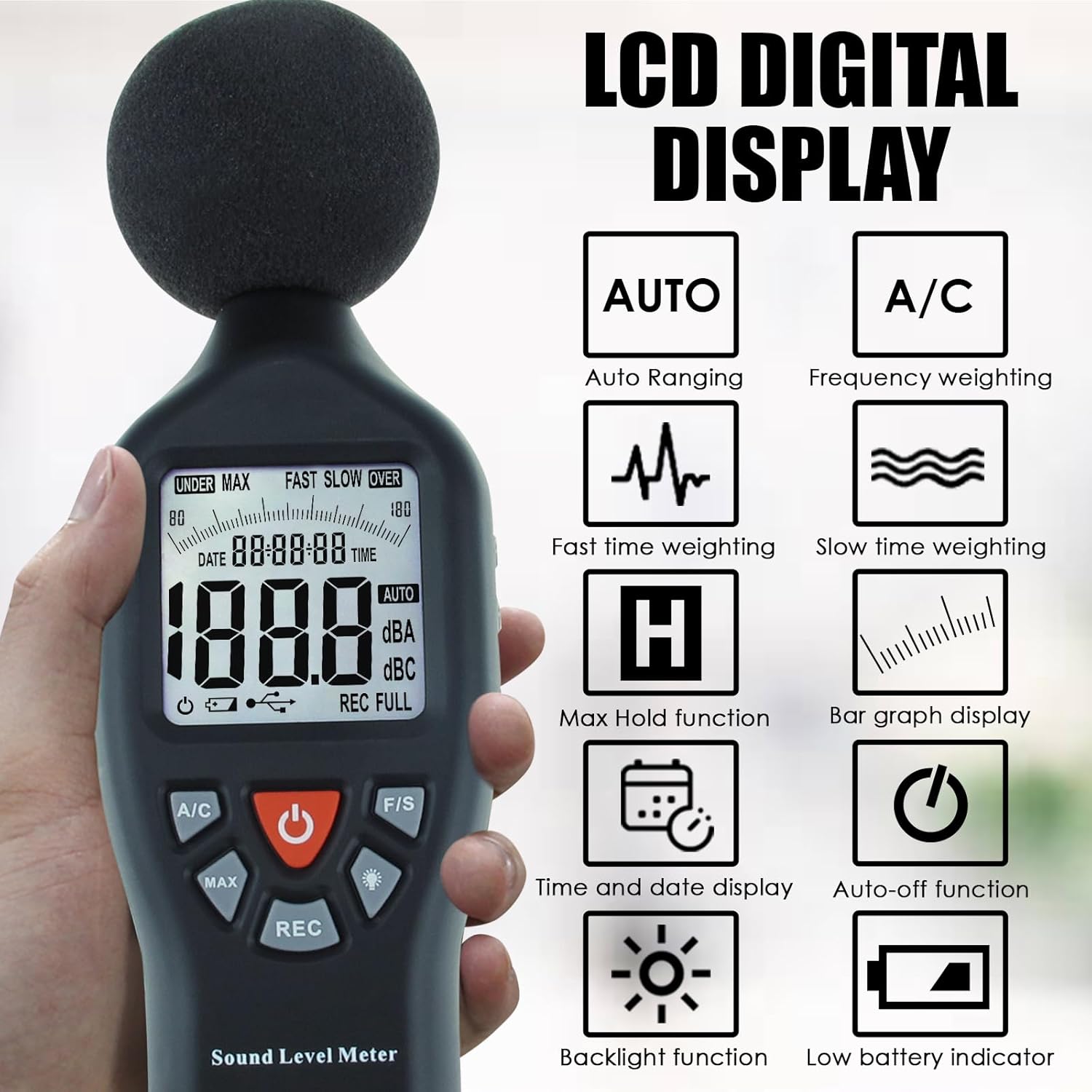 Decibel Meter Sound Level Meter Data Logger with CD Software Audio Decibel Noise Measure Tester 30 – 130 dB Audio Noise Measuring Range with Backlit LCD Display, Data Record Function