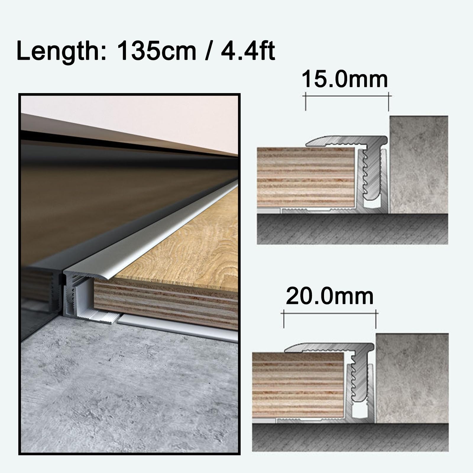 Striscia Transizione Pavimento L In Alluminio Con Base Binario Scatto – Connettore Soglia 135cm Per Pavimenti Legno/piastrelle 8–18.0mm(Nero,20.0mm)