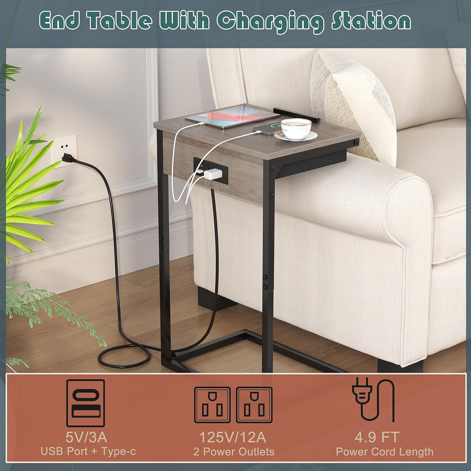 sthmec C Shaped End Tables with Charging Station, 45° Tiltable Adjustable Flip Top Side Table with Storage,Small C Table for Small Spaces,Slide Under Couch Sofa Bedside Tables for Living Room, Grey
