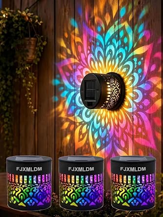Solar Mandala Wall Lights Outdoor Garden Fence Decor Waterproof Metal Projector Lamp & Powered Wireless Pattern Decorative Sconce LED Night Lantern for Yard Pathway Walkway Backyards Patio Porch