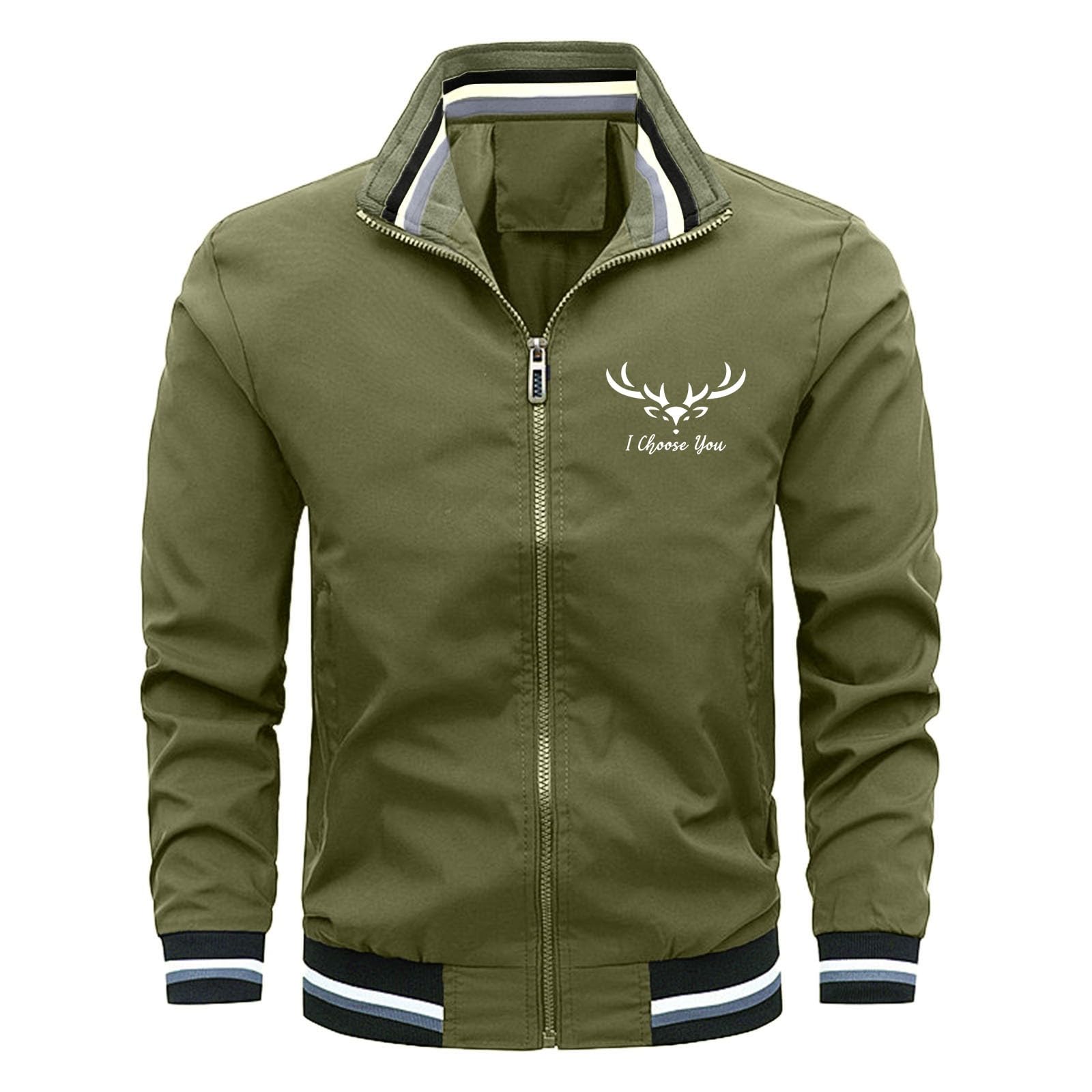 Chaqueta bomber para hombre con cremallera, elegante chaqueta informal con estampado de ciervo y puños de contraste, chaqueta ligera de entretiempo para el día a día y el tiempo libre