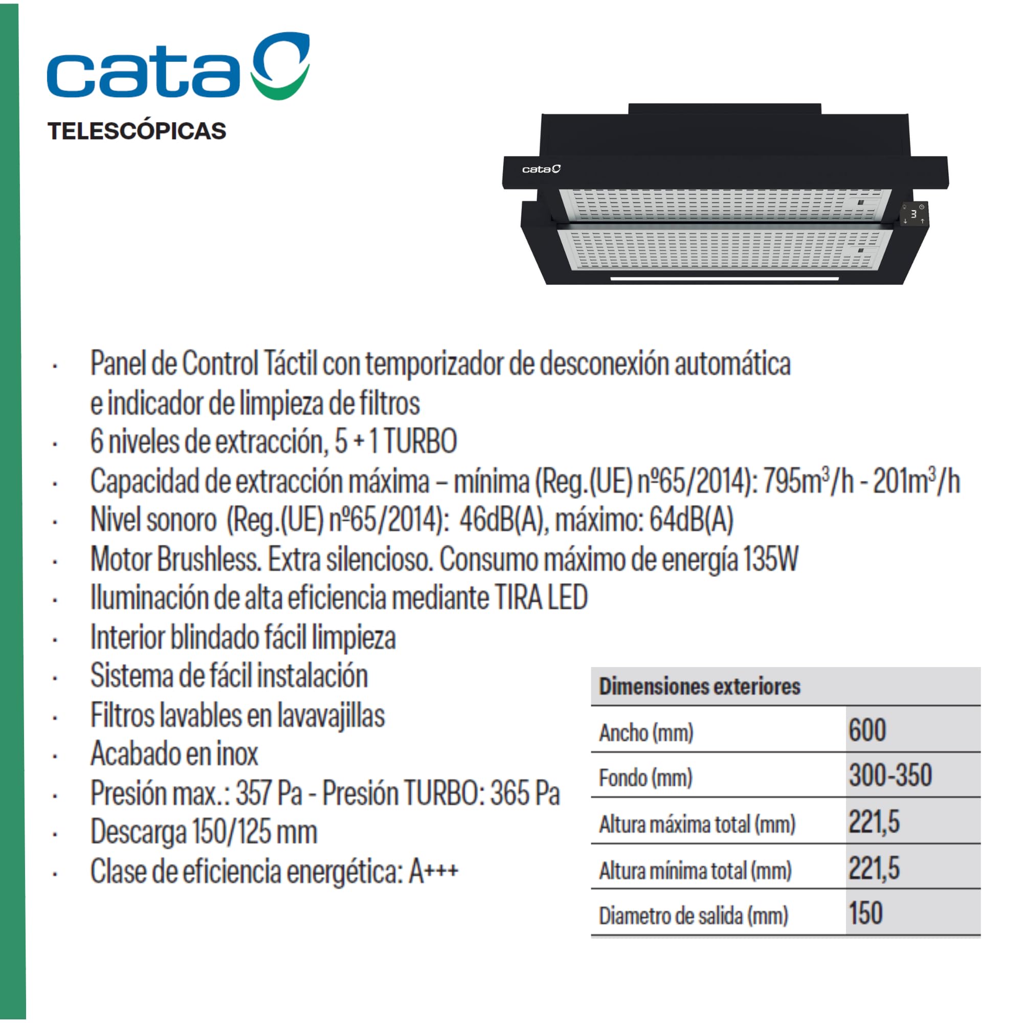 Cata Campana Extractora Telescópica TFH 6830 GBK 5+1 TURBO Motor Burshless Extra Silencioso Tira LED Fácil Instalacion y Limpieza Acabado Inox