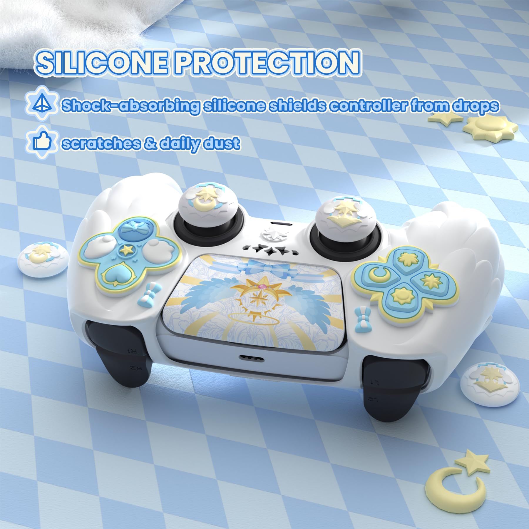 playvital Cover Controller per ps5 Joystick Custodia Silicone Skin Protettivo Grip Antiscivolo & Copri Analogici & Adesivi Carini, Adatto per ps5 Base di Ricarica, Ali Magiche-Bianco