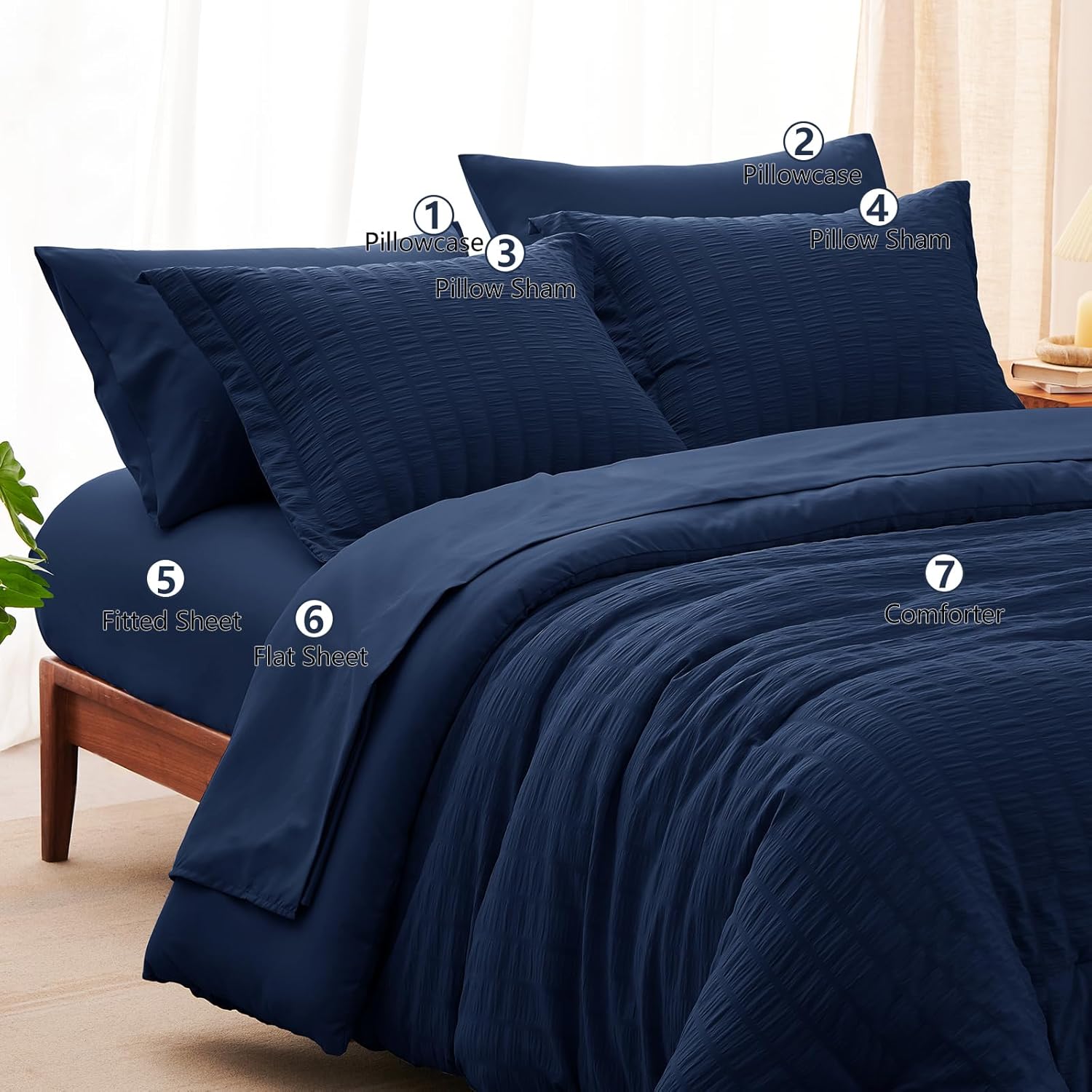 CozyLux Queen Comforter Set Navy Blue Seersucker 7 Pieces Bed in a Bag Queen Comforter Set with Sheets Luxury Soft Bedding Set with Down Alternative Comforter, Sheets, Pillowcases & Shams All Seasons - Image 8