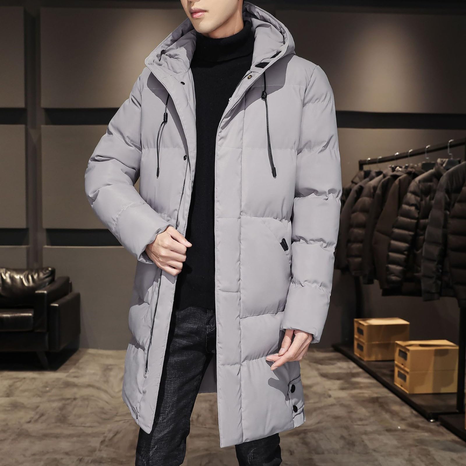 Generisch Chaqueta de invierno para hombre, chaqueta larga de plumón, chaqueta cortavientos, abrigo de plumón de invierno, ligero, plegable, abrigo acolchado con capucha, chaqueta de entretiempo