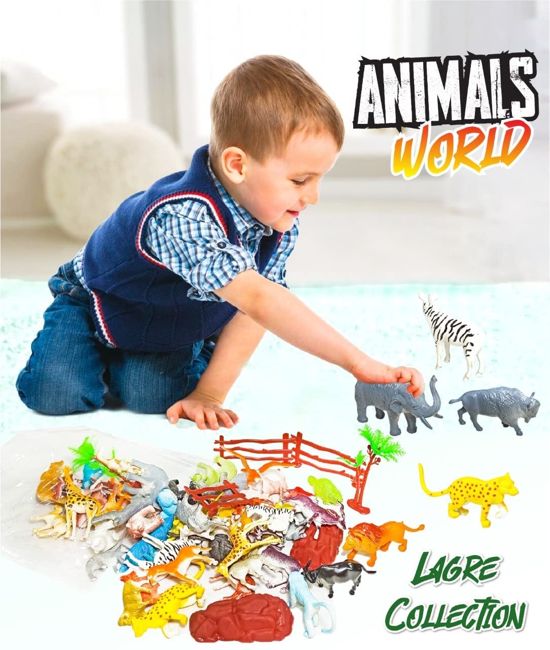 Realistic Mini Farm and Jungle Animals Toy Set|58PCS Forest Wild Animal Action Figurine Playset for Kids Boys and Girls Lion,Tiger,Bear,Monkey,Panda Figures Toyset Birthday Gifts for Children