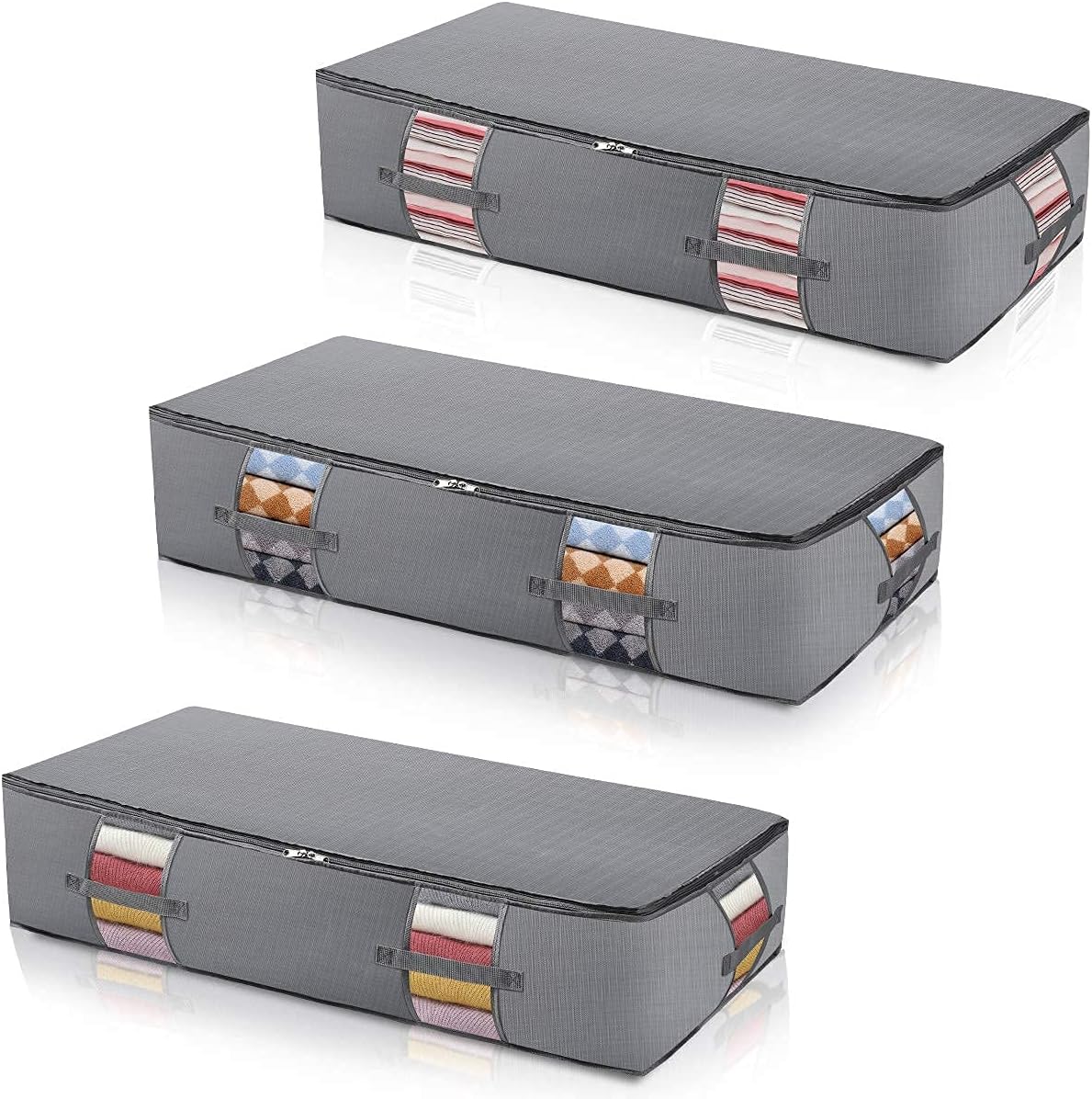 Extra-Large Under Bed Storage Bags Organizer Container[3Pack] Underbed Polyester cloth 210D with Strengthened Handles Large Comforters Foldable Under The Bed Storage Bags Breathable with Clear Window