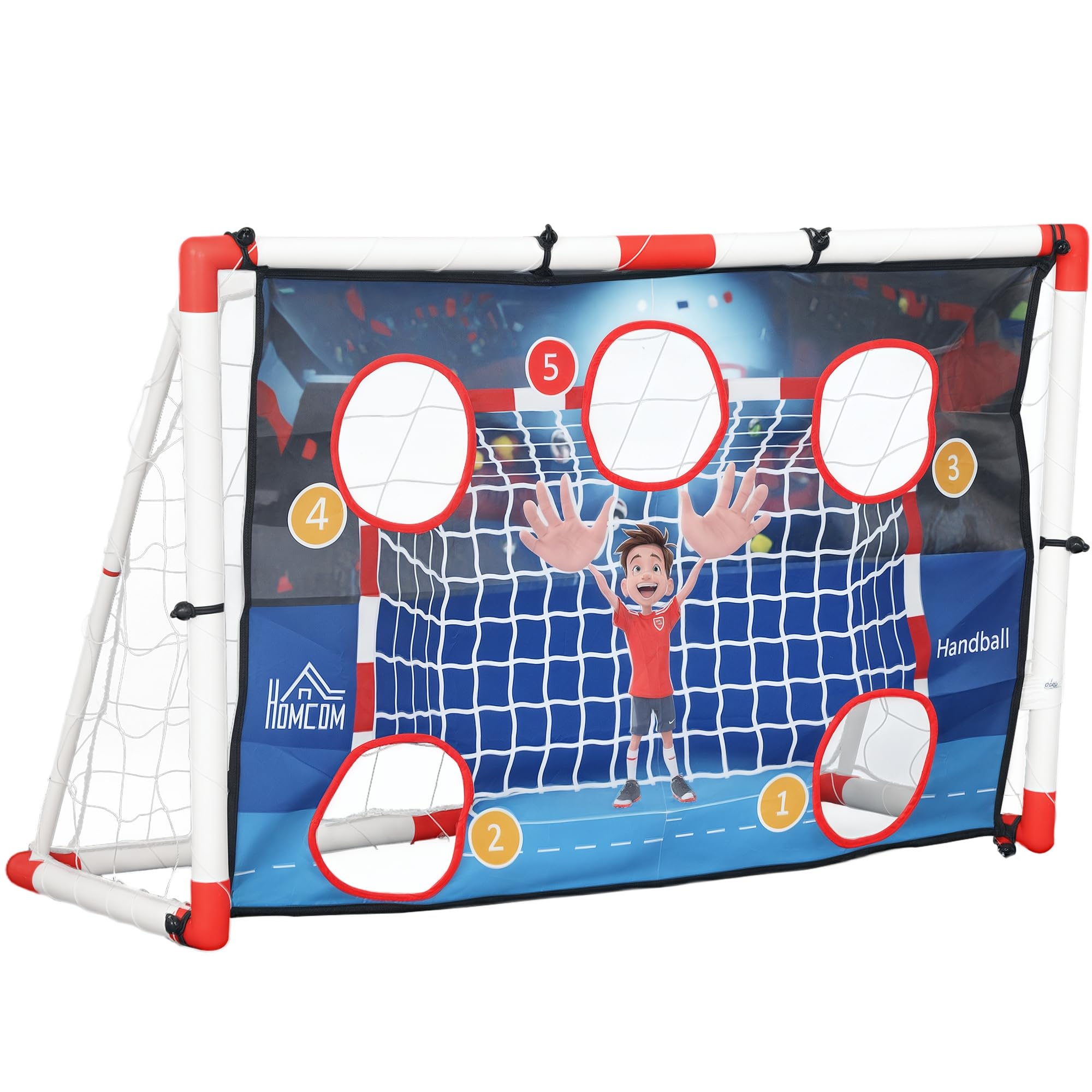 HOMCOM But de Foot et Cage de Handball extérieur 2 en 1, 5 Zones cibles, Ballon Gonflable avec Pompe, piquets de Sol en U, Cadre léger, Blanc