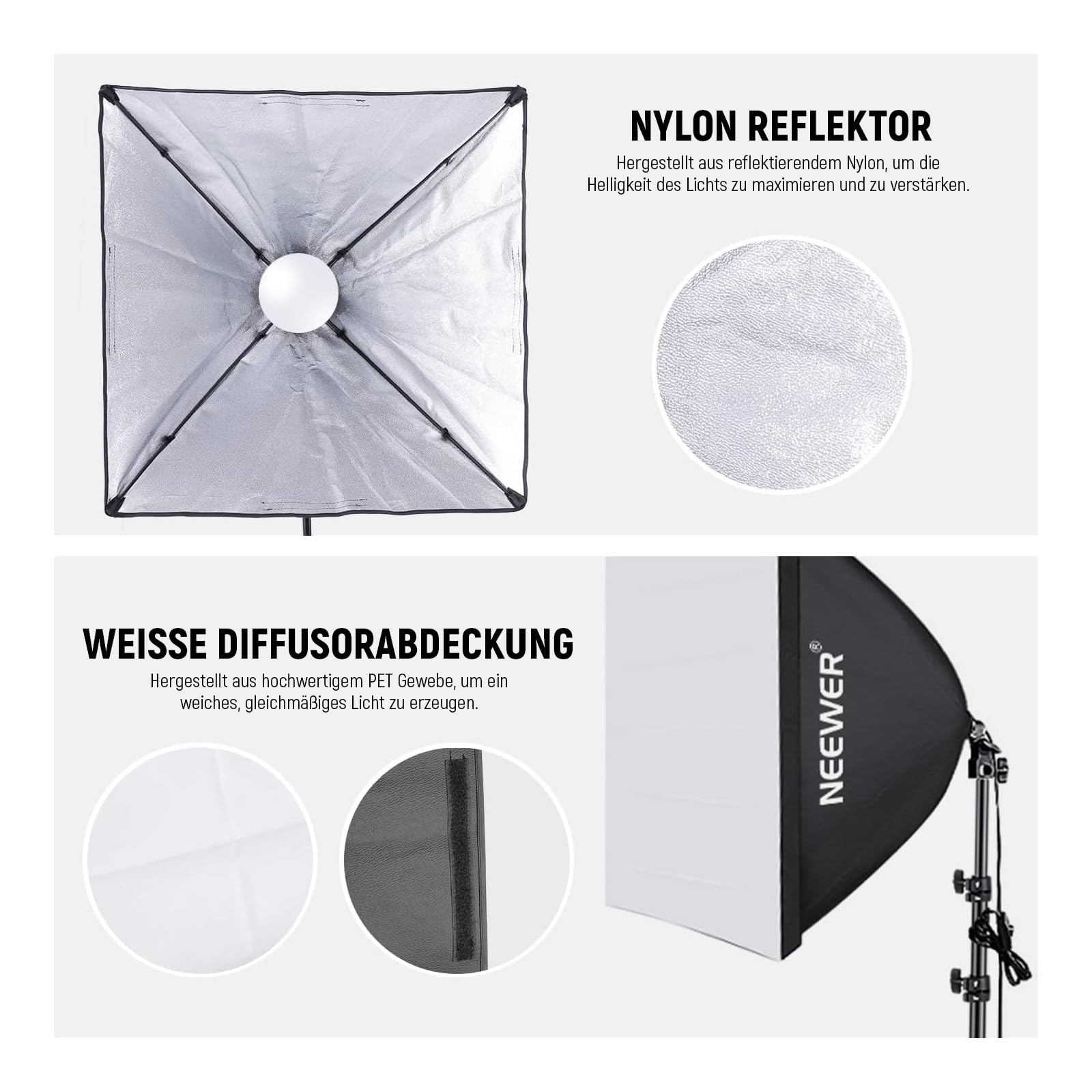 NEEWER Softbox Beleuchtungsset, äquivalent zu 700W, 2er Pack 5700K LEDGlühbirnen, 24 x 24Zoll Softboxen mit E27 Fassung, Fotografie Dauerlichtset, Fotostudio Ausrüstung