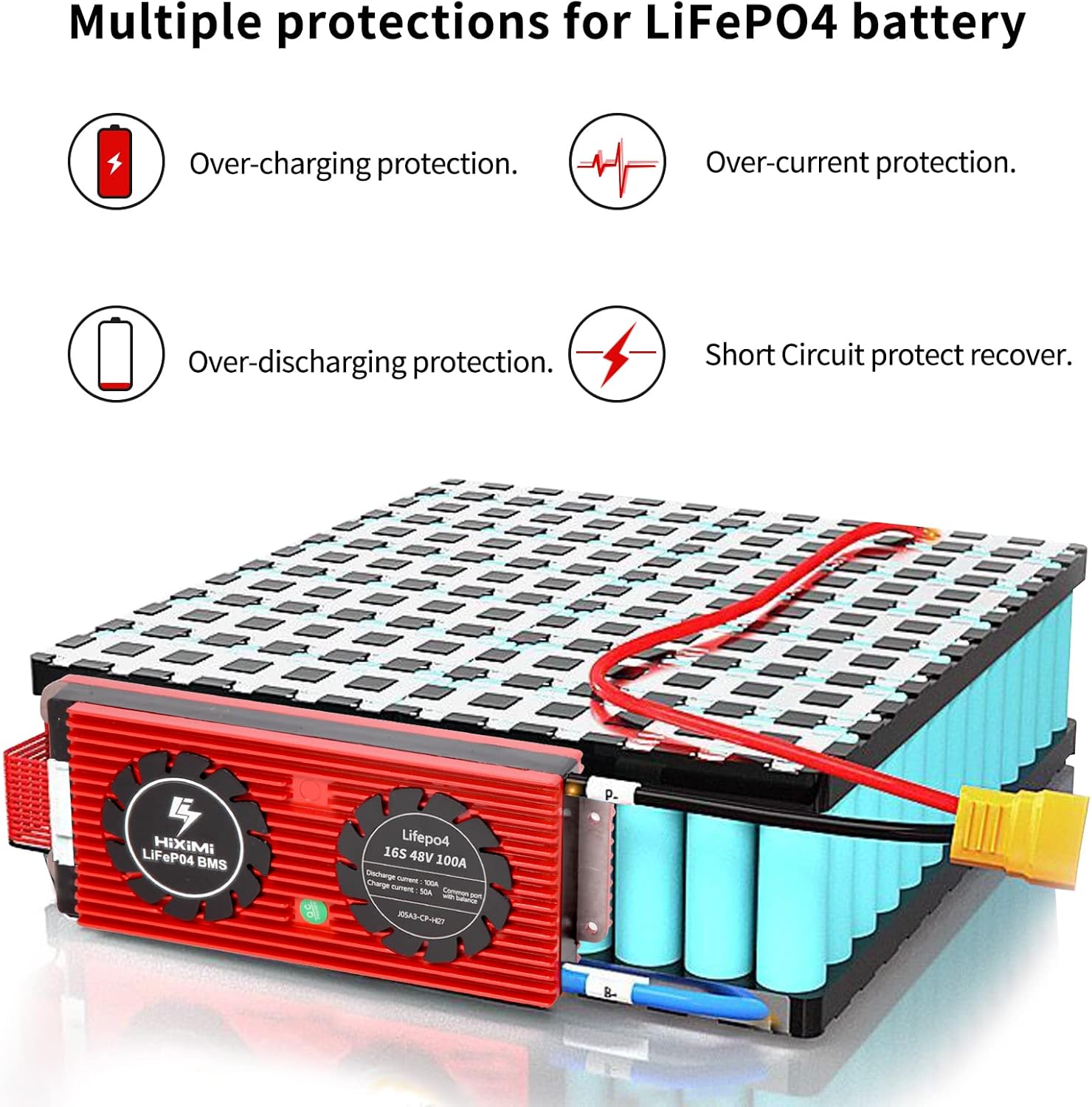 LiFePO4 BMS 16S 48V 200A Lithium Iron Phosphate Battery Management System with Cooling Fan and Balance Leads Wires for DIY LiFePO4 3.2V Battery Cells