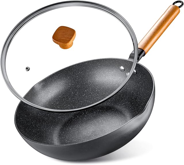 Nonstick Wok Pan 30cm Induction, 100% PFOA-Free Granite Coating Stir Fry Pan with Lid, Deep Frying Pot with Removable Wooden Handle, Granite Black