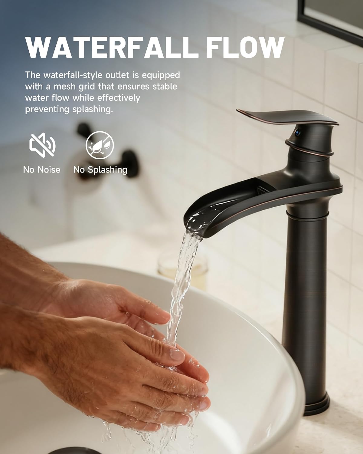 Vessel Sink Faucet Oil Rubbed Bronze, 12 Inch Waterfall Bathroom Faucet Single Hole with Pop Up Drain and Supply Hoses, Single Handle Tall Bathroom Faucets Lavatory Vanity Mixer Tap Brass Body