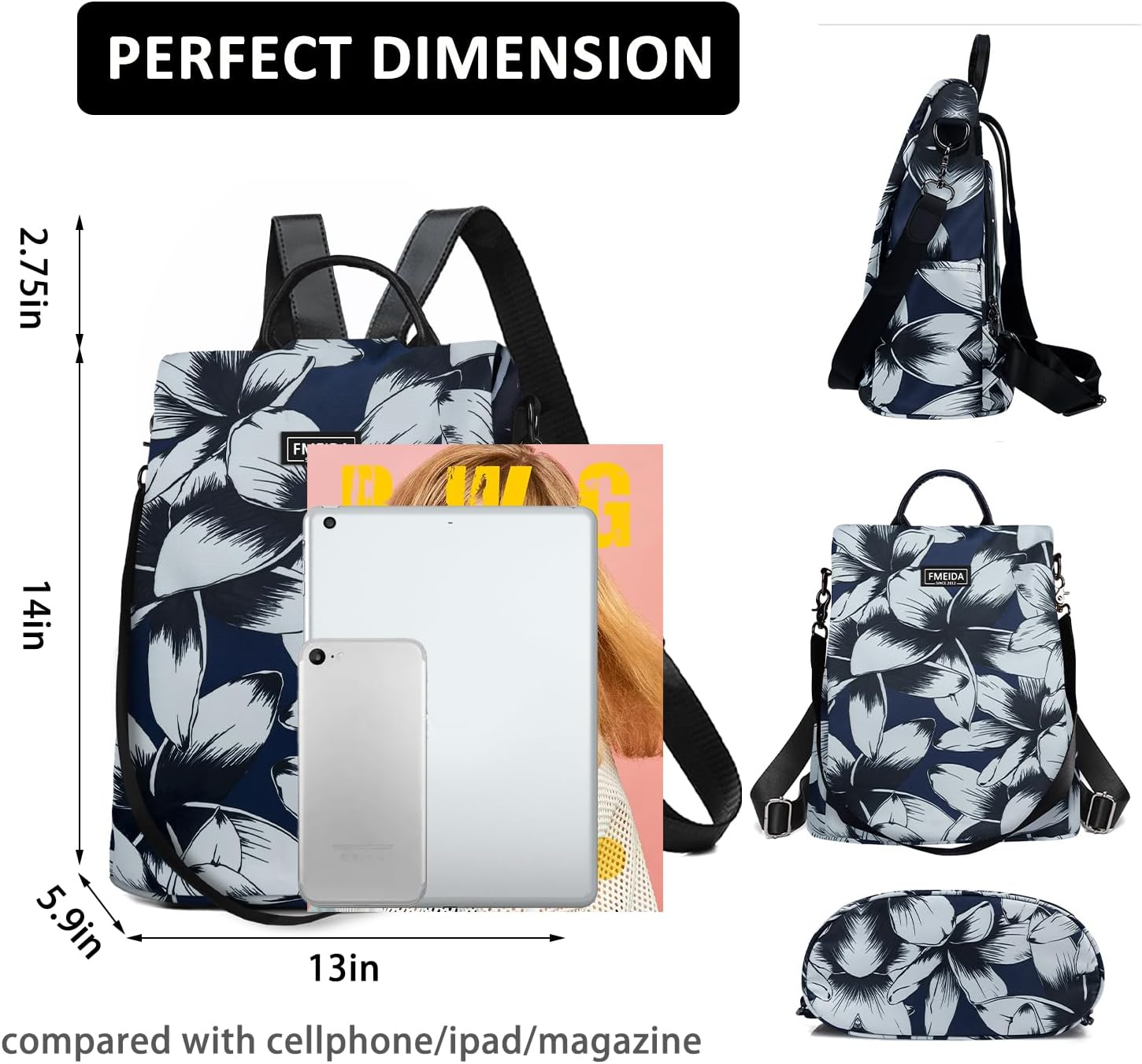 Fmeida Backpack Purse for Women Anti Theft Travel Backpacks Waterproof Convertible Daypack Ink Flowers - Image 2