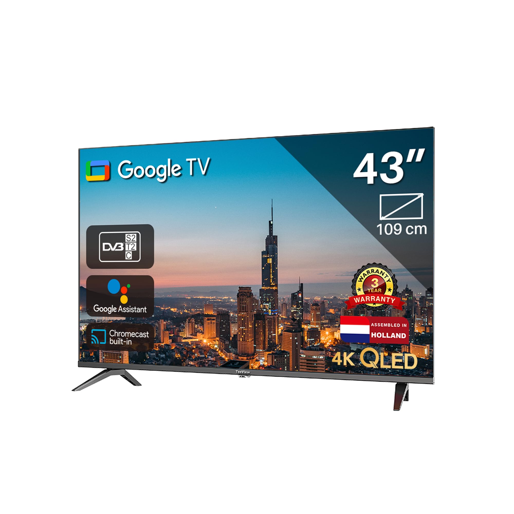 TEEVIEW Google Smart TV | QLED 4K UHD | 43”/110cm | Frameless Design | Tripple Tuner DVB-T/T2/S/S2/C | HDMI x3, USB x2, CI+ | Sprachsteuerung & Streaming-Apps | In Eindhoven montiert | TV43QQG-EU