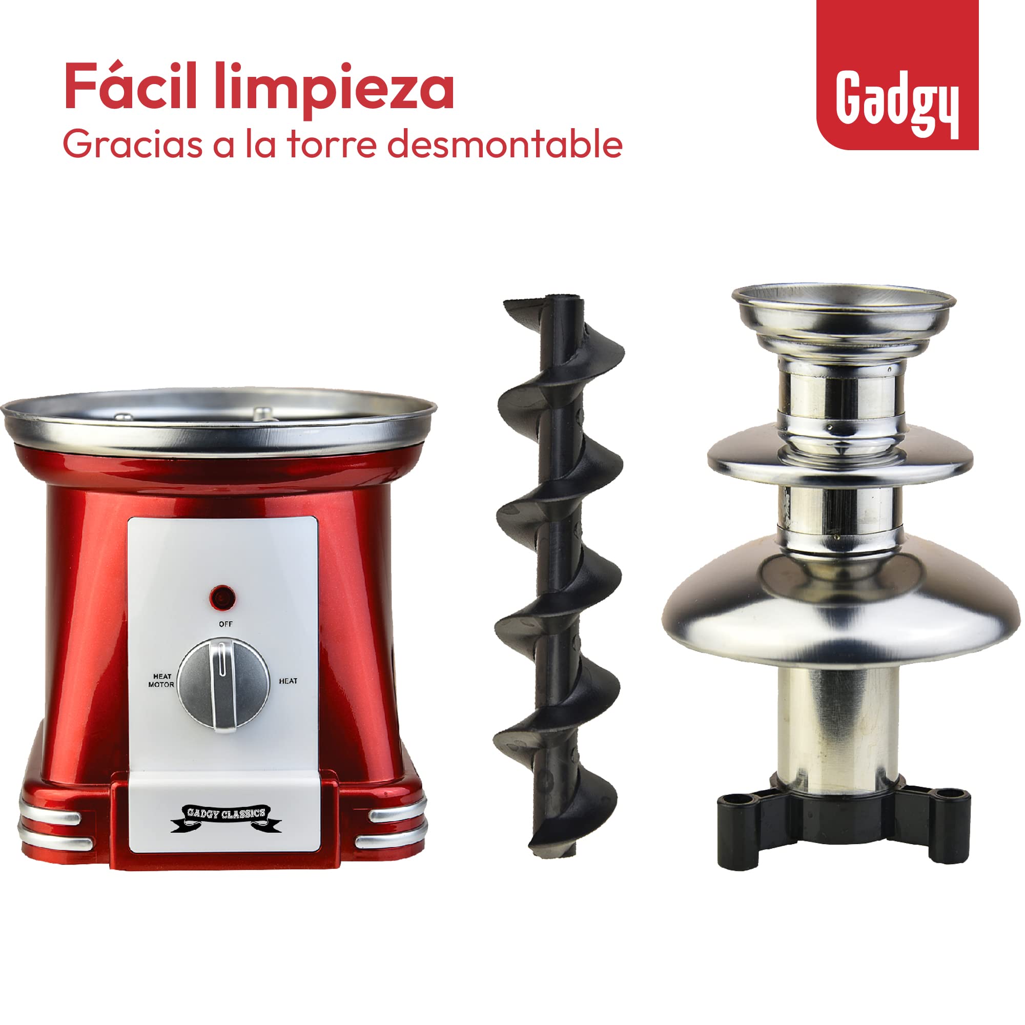 Fuente de chocolate Gadgy 3 niveles - Fuente de chocolate de acero inoxidable - Fuente de chocolate aspecto retro - Fondue de chocolate 90 Watt - Fuente de chocolate Rojo