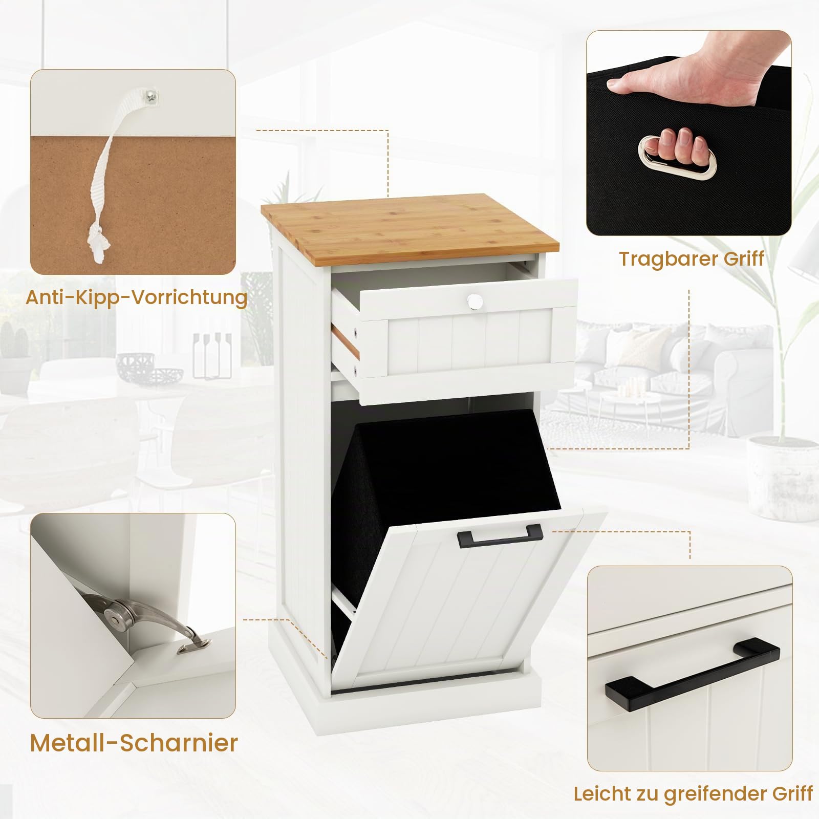 GIANTEX Ausziehbarer Wäscheschrank mit Neigung, Holzauszug mit Schublade, herausnehmbarer Wäschekorb, freistehender Wäscheschrank für Badezimmer, Schlafzimmer, Waschküche (Weiß)