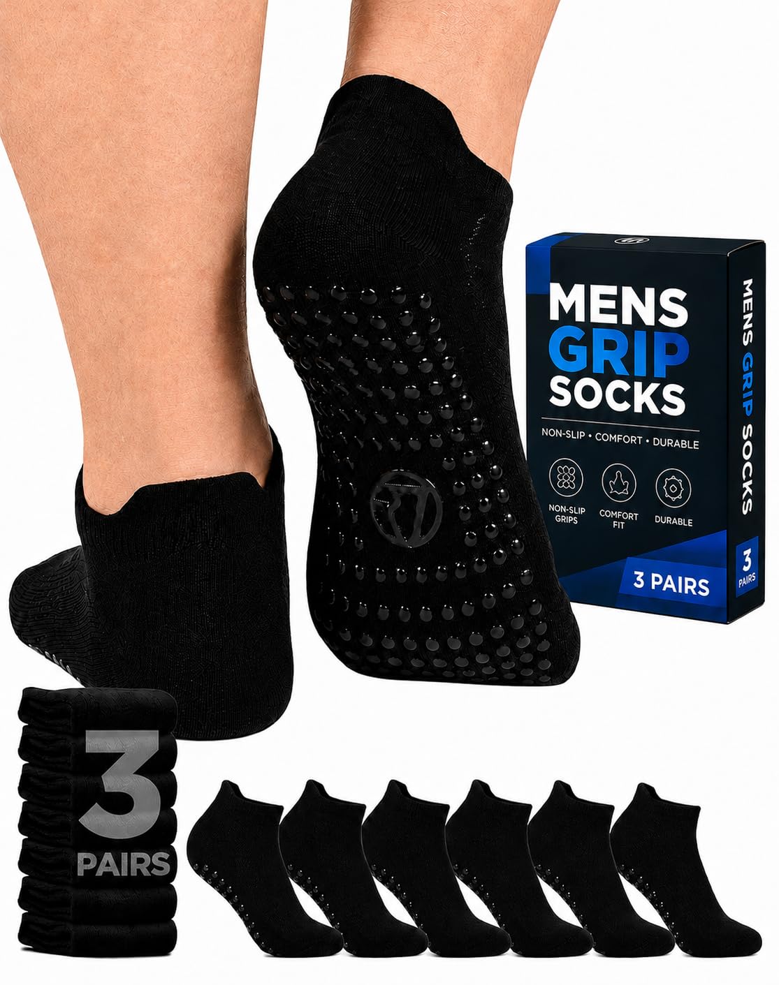Towelogy Men's Black ’S Pilates Grip Socks Non Slip Yoga Socks Reformer Barre Studio Ankle Exercise Socks 3 Pairs Comfortable Grippy Fit (Black)