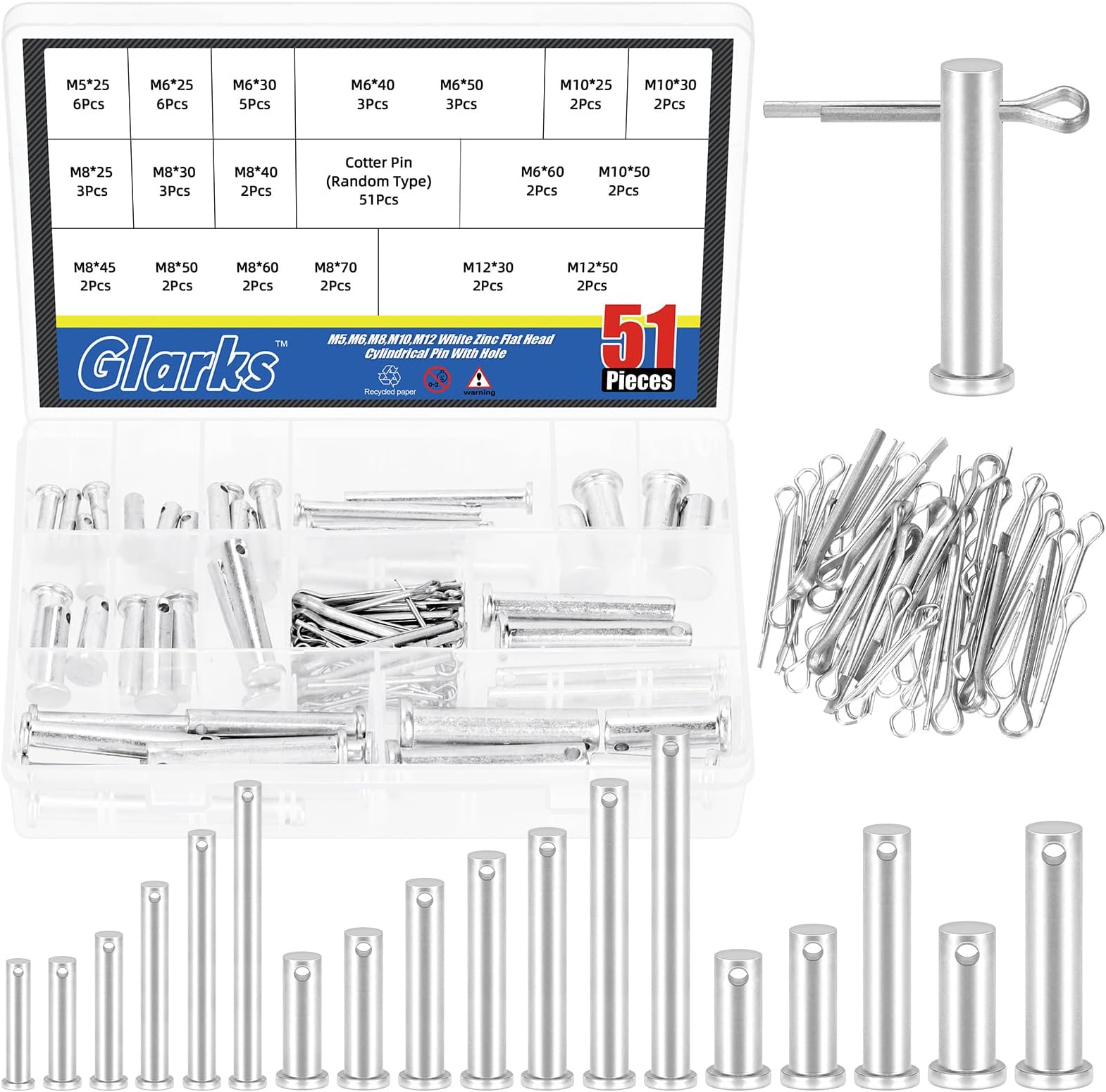 Glarks 51pcs 18 Sizes Single Hole Flat Head Clevis Pins Set, M5 M6 M8 M10 M12 White Zinc Clevis Pins, Link Hinge Pins for Furniture Installation Small Home DIY Project