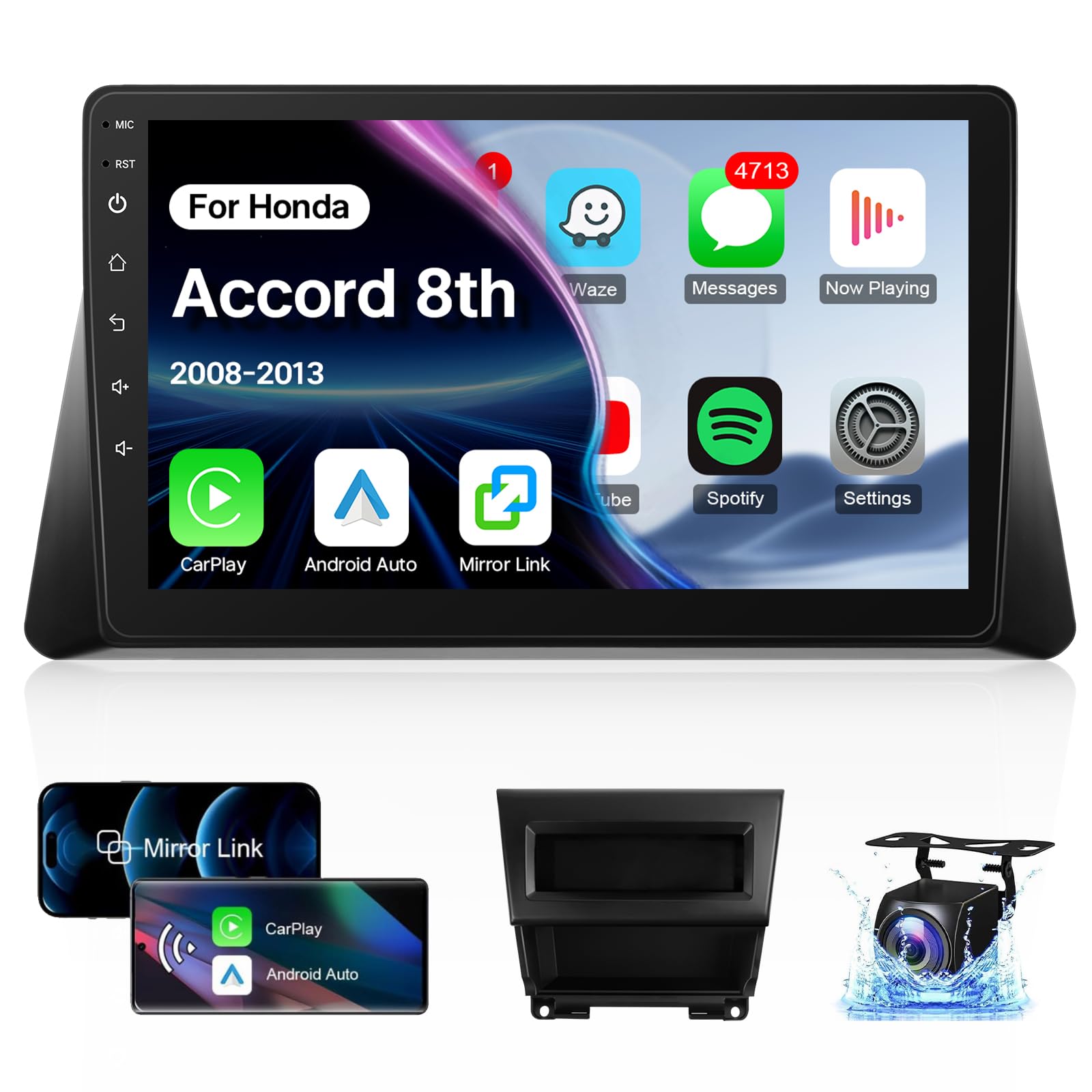 Leadfan Car Play for Honda Accord 8th 2008-2013 Car Radio with Wireless Carplay Android Auto 10.1inch Touch Screen Stereo for Honda Accord 8th Gen Bluetooth FM GPS FM/SWC Backup Camera, 2G 32G