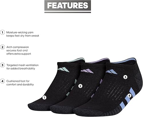 Miniatura 2 de adidas Calcetines deportivos para mujer, sin costuras y acolchados, 3 pares, de perfil bajo con compresión en el arco para un ajuste seguro