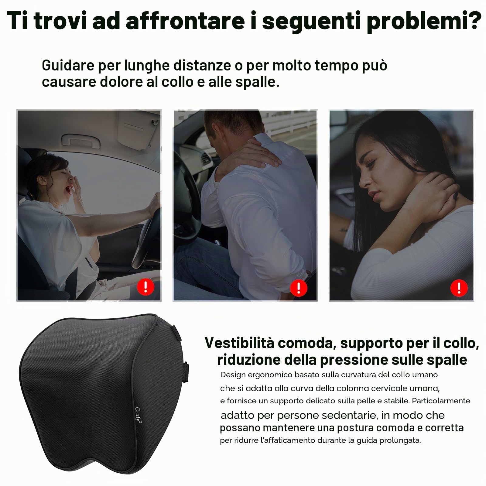 Crofy Set di 2 Cuscini per il Collo per Auto – Morbido Poggiatesta per la Guida con Cinghia Regolabile, 100% Memory Foam e Fodera Traspirante Rimovibile, Design Ergonomico e Confortevole