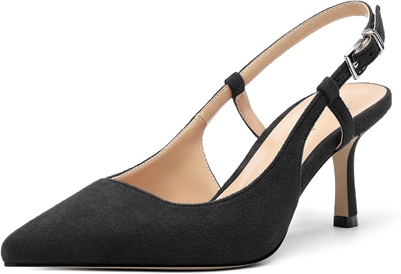 Womens Slingback Suede Leather Pointed Toe Cute Buckle Kitten Mid Heel Pumps Dress Shoes 2.55 Inch