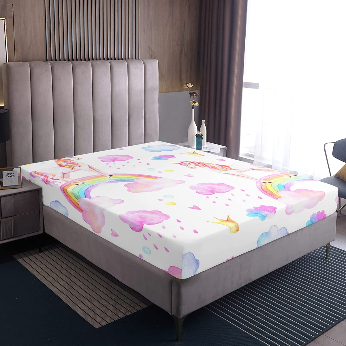 Loussiesd Lenzuolo con angoli elasticizzati da bambina, con unicorno, 160x200 cm, rosa, arcobaleno, con motivo a unicorno, con caricatura, cavallo, fiaba, decorativo, grazioso motivo unicorno