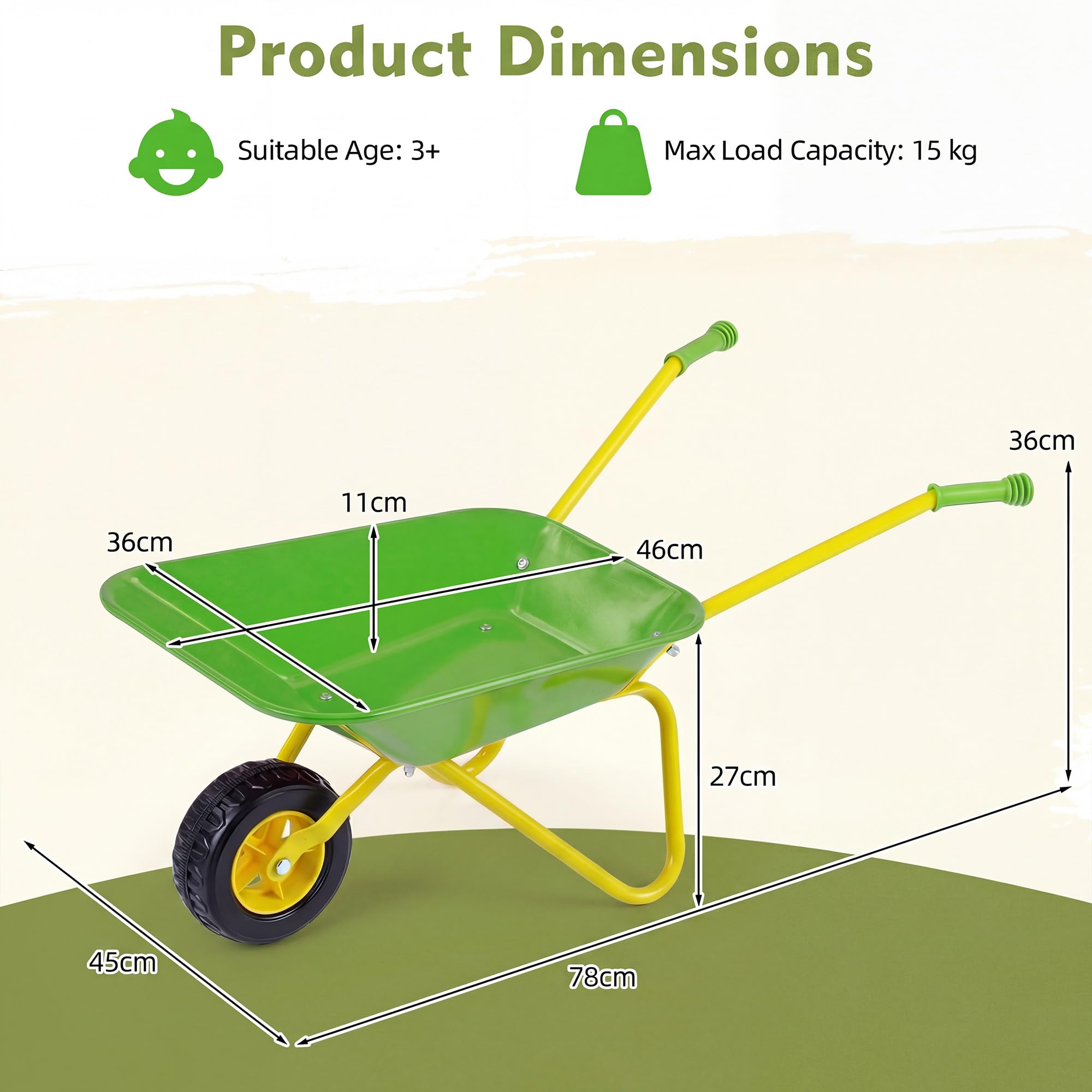 KOMFOTTEU Carretilla para Niños, Carrito de Playa Infantil con Rueda Todoterreno, Asa Antideslizante y Estructura Metálica, Carretilla de Juguete Exterior para Jardinería, Niños 3+ Años