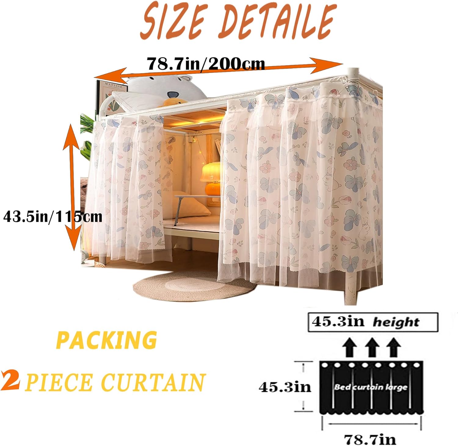 Navhao 2 Panels,Bottom Bunk Bed Curtains Cloth Breathable Bed Canopy Students Curtain Shading Nets for Single Bed