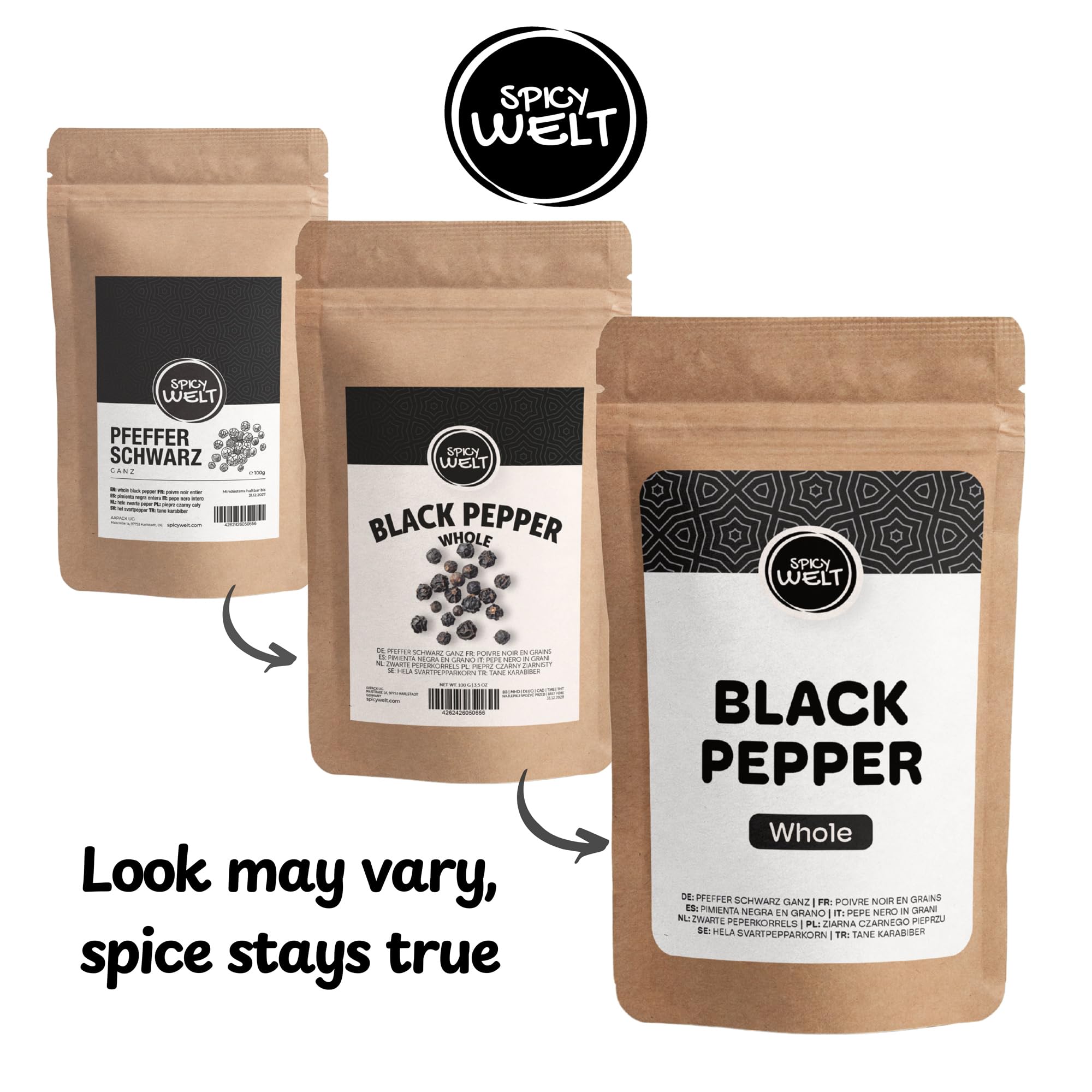 Spicy Welt Poivre Noir Entier (1kg) – Grains de Poivre Noir pour Moulin | Idéal Viande, Sauce, Marinade & Bouillon | Arôme Puissant | 100% Naturel, Sans Additifs