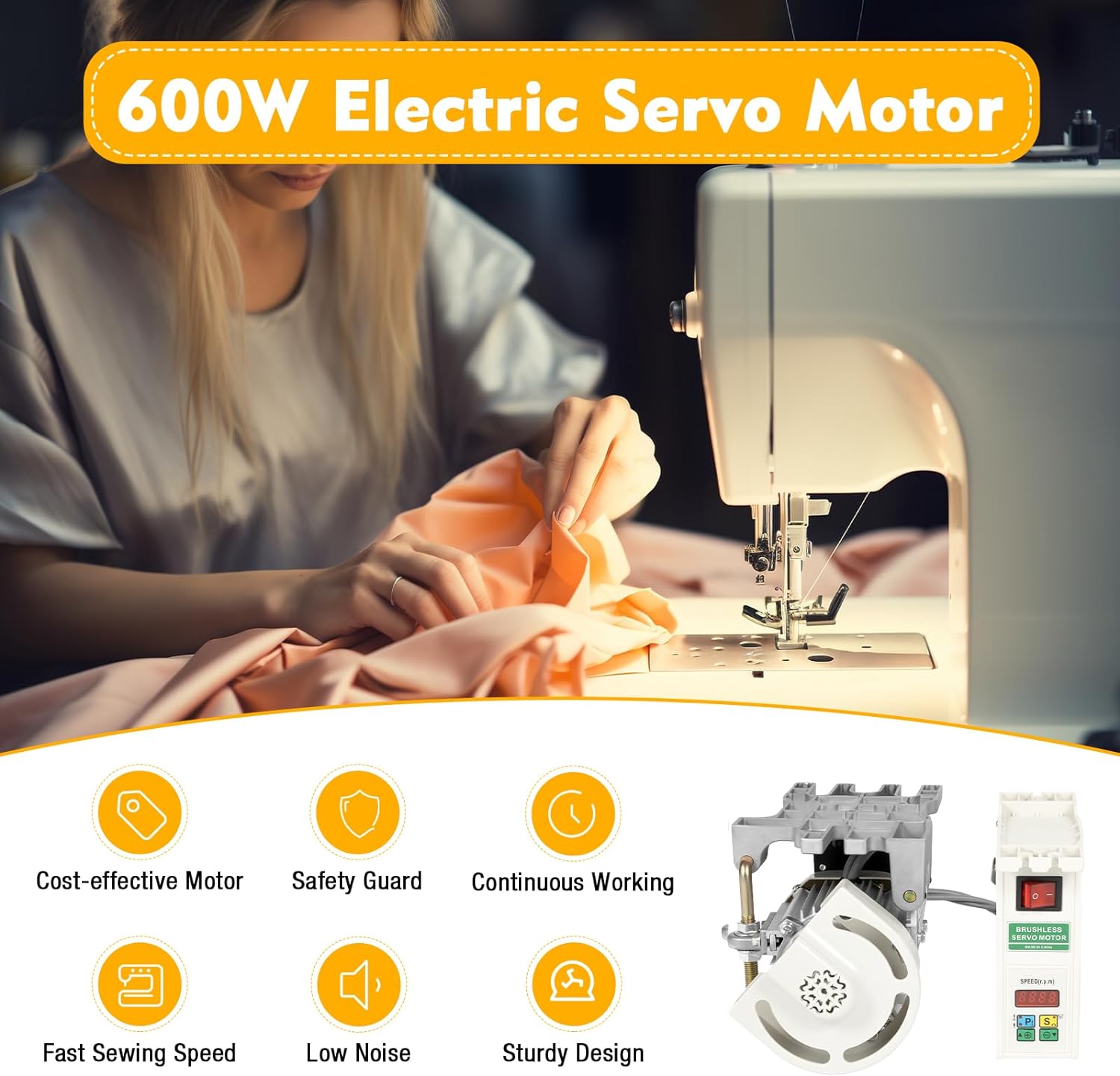 Industrial Sewing Machine Servo Motor, 600W Electric Brushless Sewing Machine Servo Motor w/Control, 500-4500RPM Electric Servo Motor Split Motor+Controller Kit for Sewing Machine, Leather Splitter