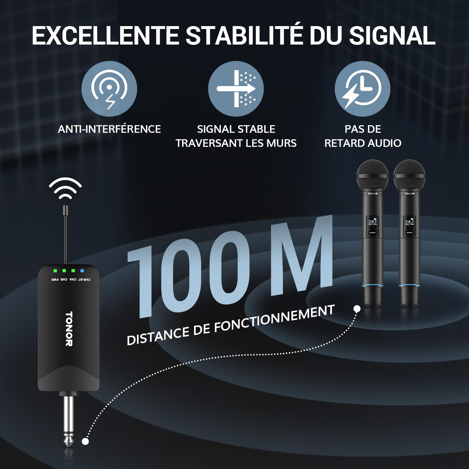 TONOR Micro sans Fil Professionnel, Système de Microphone Rechargeable Bluetooth, Micro Dynamique en Métal UHF 2x25 pour Karaoké, Eglise, Chant, Mariage, Réunion, Appairage Automatique, 100 M, TW720