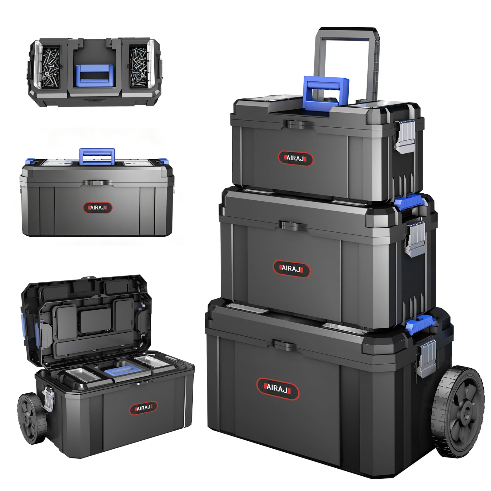 AIRAJ 3-In-1 Rolling Tool Box with Wheels, Stackable Tool Box,17+