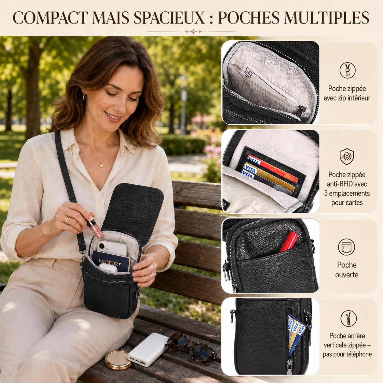 Sac Bandoulière Femme Cuir Véritable avec Protection RFID, Pochette Téléphone Portable Antivol & Élégant — Livré avec Deux Bandoulières