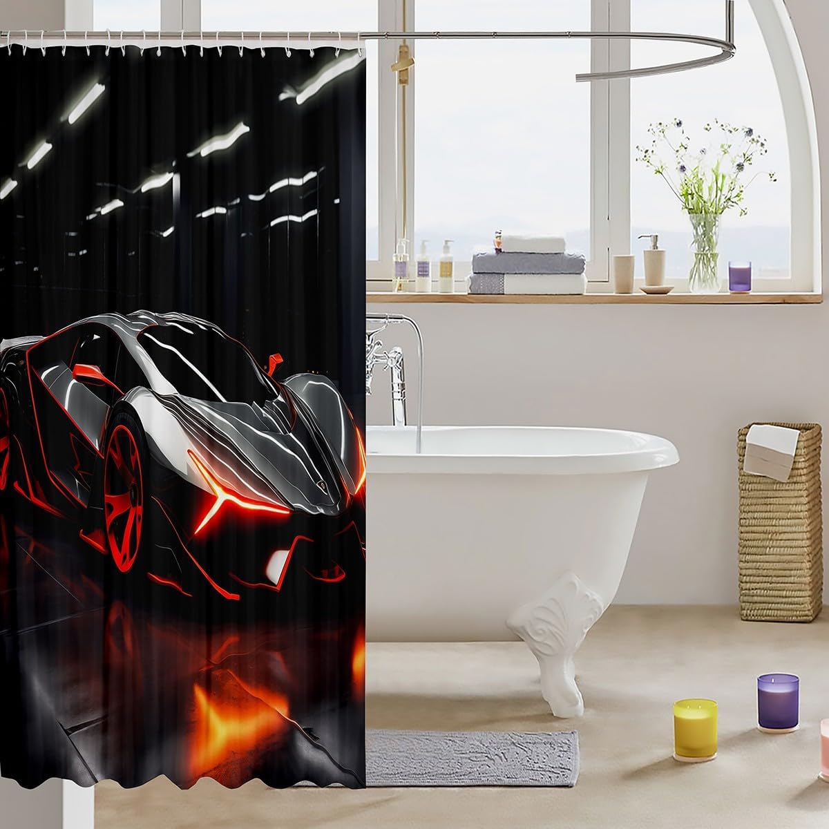 Neon Racing Car Kids Shower Curtains,Speeding Sports Theme Bathroom Curtains for Boys Men,Modern Extreme Sports Games Fashion Red Black Waterproof Curtains,12 Hooks Suits,72" W x 84" L