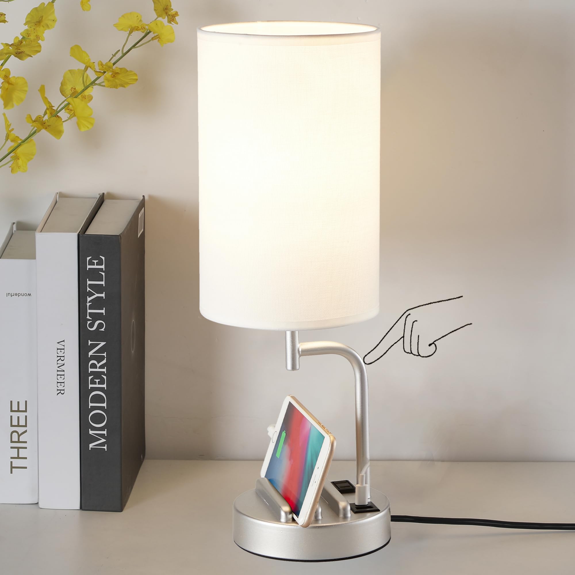 Dreamholder Touch Control USB Table Lamp, Upgraded 3-Way Dimmable Bedside Desk Lamp with USB C & A Charging Ports and AC Outlet, Nightstand Lamp for Bedroom, Dimmable Bulb Included, Silver
