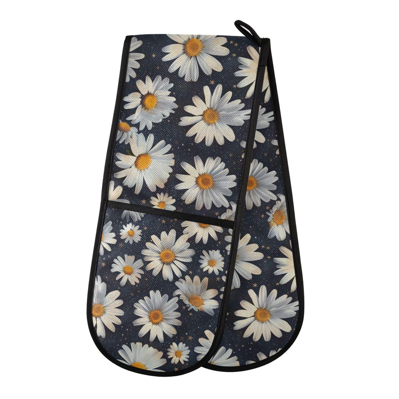 Oven Gloves Double Oven Gloves Daisies Flower Daisy Oven Mitts Pot Holder Heat Resistant Quilted for BBQ Baking Kitchen Cooking Gloves
