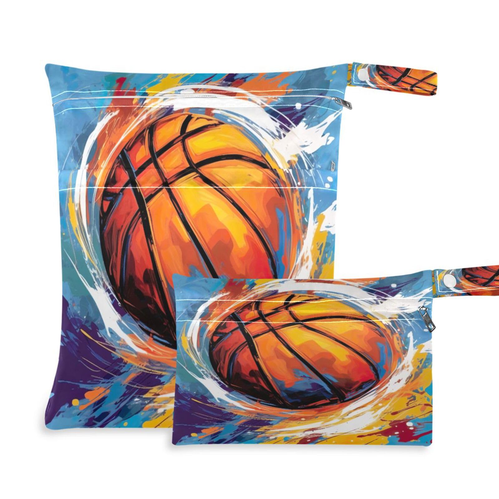 ATTX Orange Basketball Wet Dry Bags 2-Pack - Reusable Cloth Diaper Storage for Travel, Beach & Gym | Multi-Use Waterproof Bags for Swimsuits, Baby Clothes, Sports Gear#268