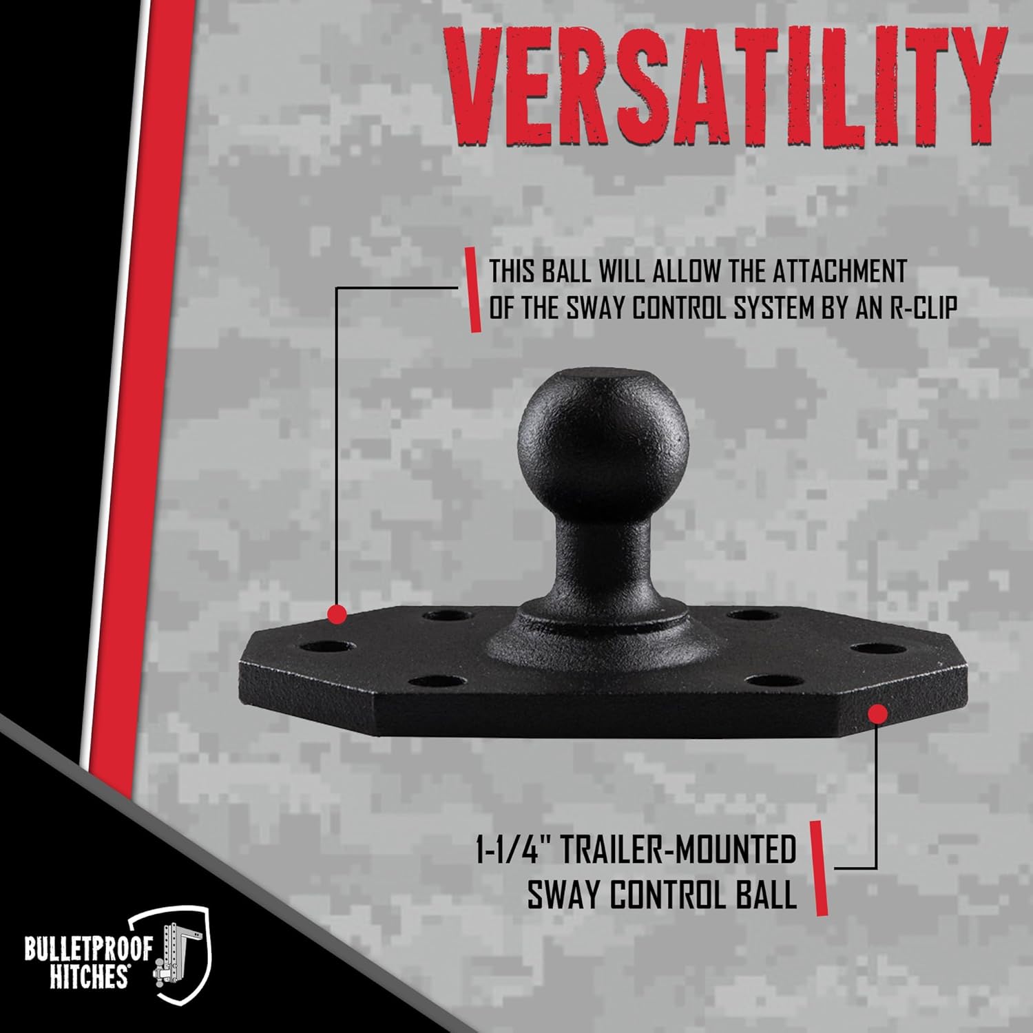 BulletProof Hitches - 1-1/4" Trailer Mounted Sway Control Ball - Replacement Ball Mount Plate for Mounting Sway Control System - Solid Steel, Black Powder Coat, Corrosion Resistant