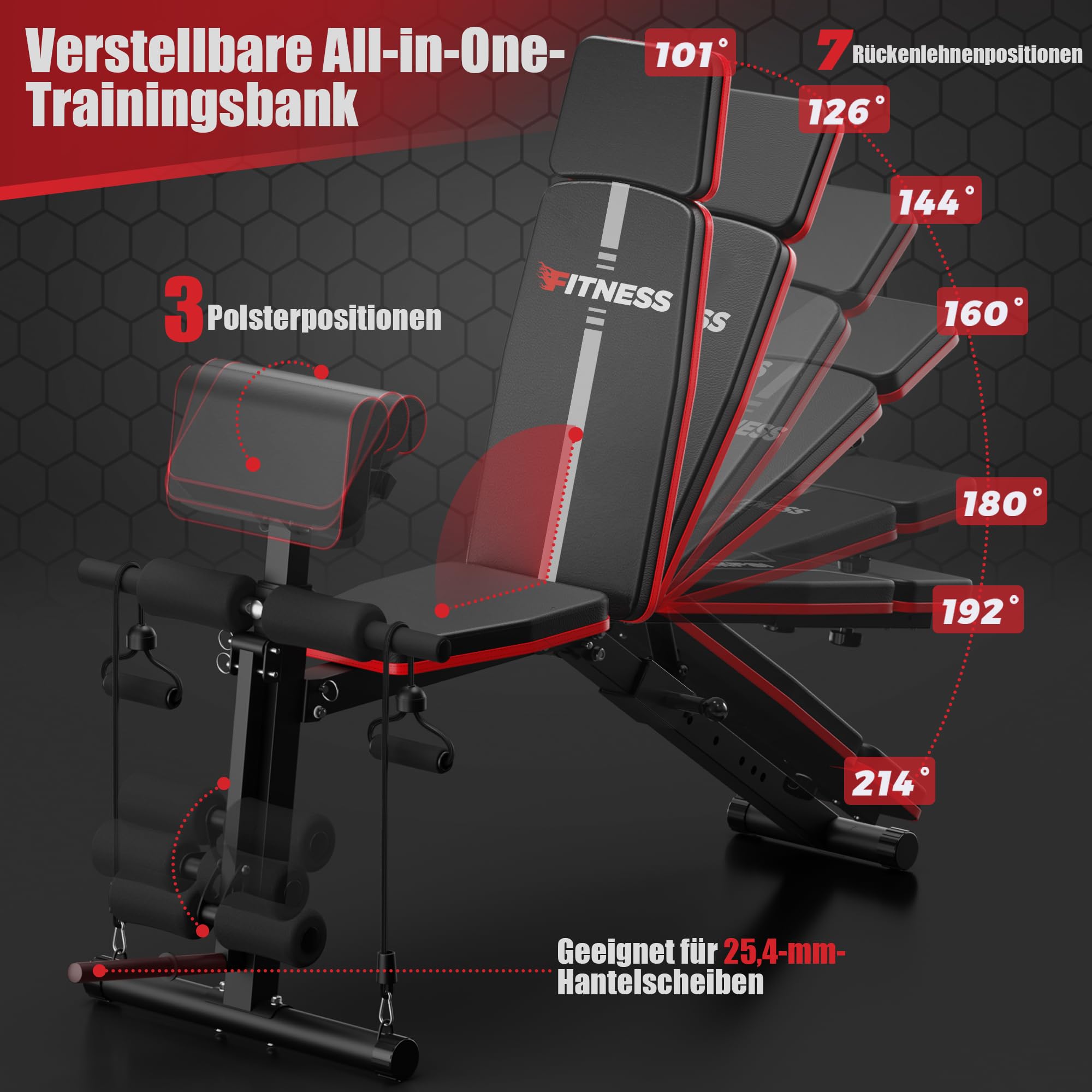 Verstellbare Hantelbank für Heimtrainingsstudio, 350kg Hantelbank Klappbar mit Beinverlängerung & Prediger-Curl-Pad, Neig- und Fallbank Trainingsbank für zuhause