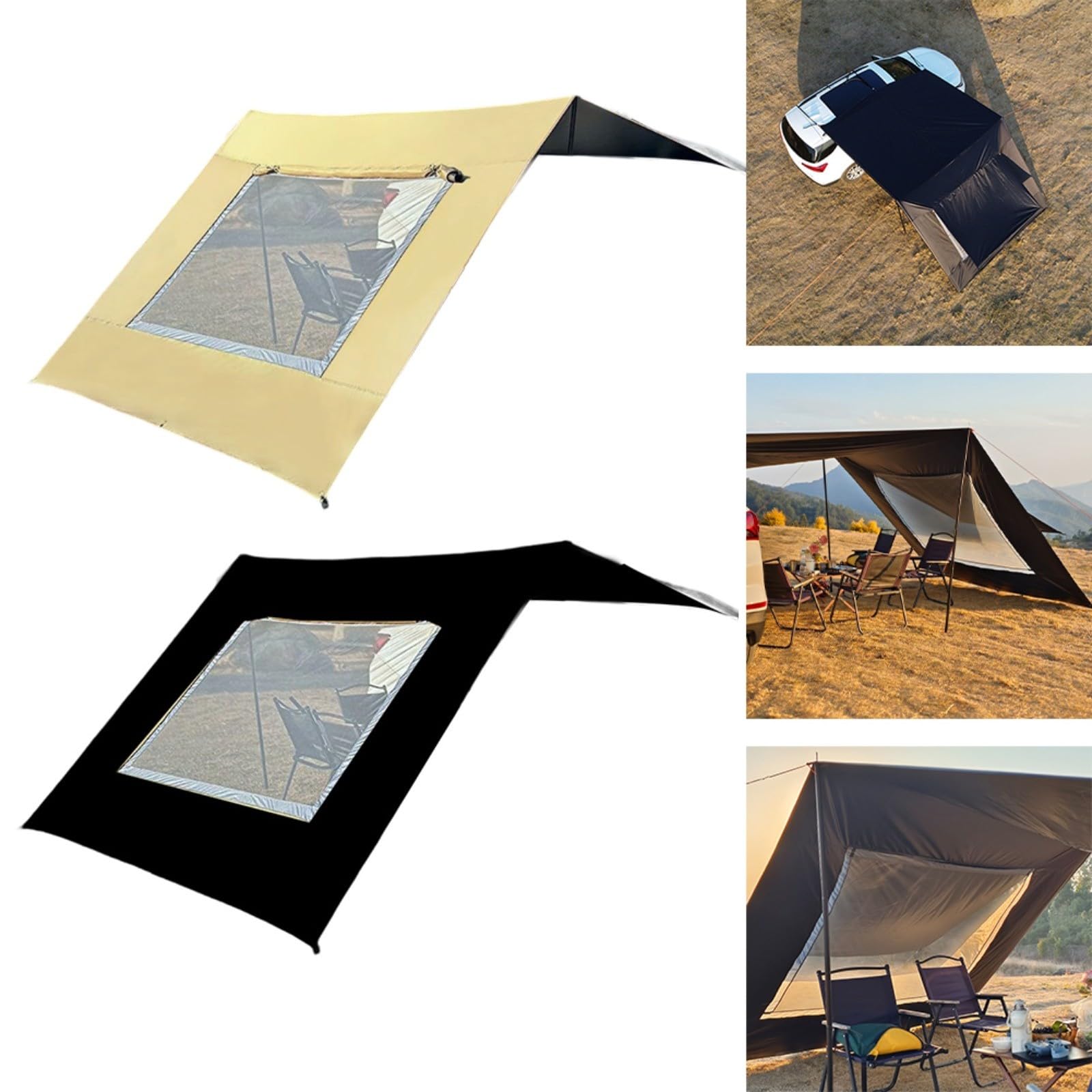 Toldo para caravana de 2,8 x 4,8 m con ventana de malla, tela Oxford recubierta de plata 210D, para protección UV (caqui)