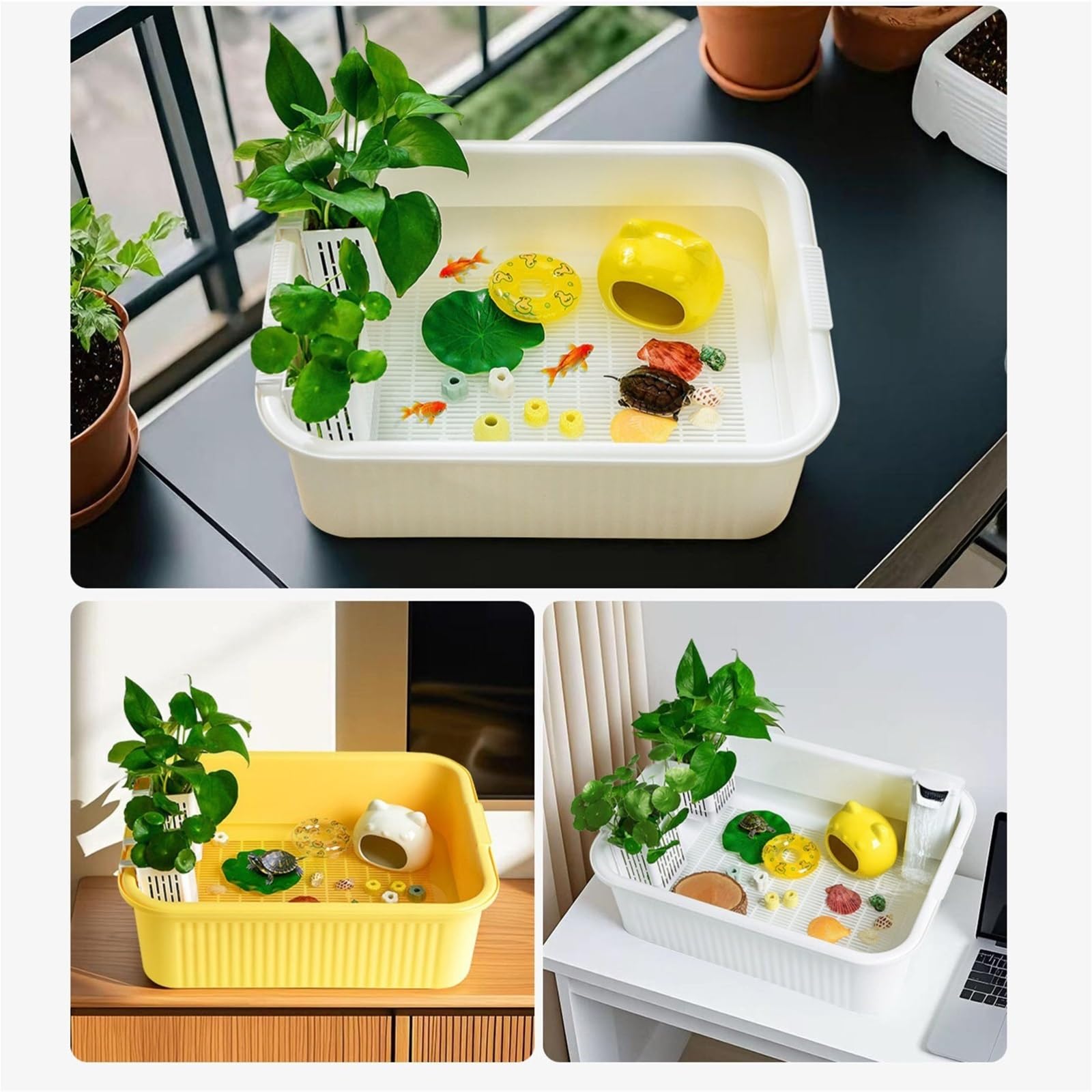 Siedlisko terrarium Zbiornik do karmienia żółwi dwuwarstwowa separacja zielona architektura krajobrazu Terrarium akwariowe(Yellow)