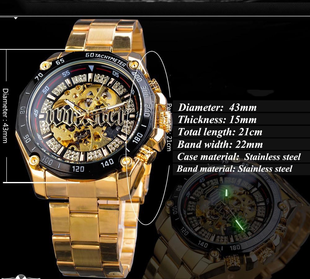 Reloj Esqueleto Dorado con Diamantes Hombre, Reloj Mecánico De Cuerda Manual con Correa De Acero Inoxidable, Relojes Automáticos Hombre, Relojes Luminosos Deportivos Y De Negocios