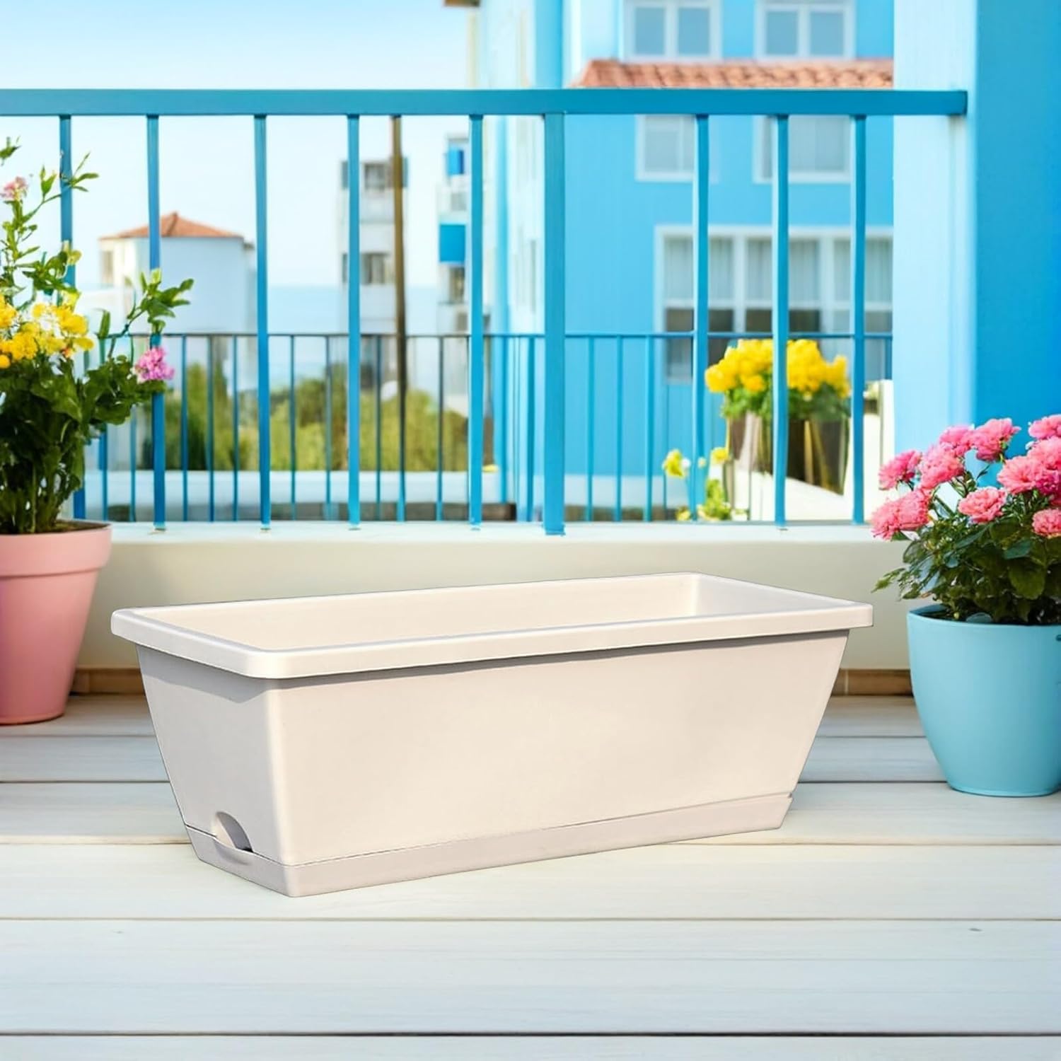 BESPORTBLE Window Box Planter, Plastic Vegetable Flower Planter Boxes with Tray Rectangular Flower Pots for Indoor Outdoor Garden, Patio, Home Decor, 19.5inch